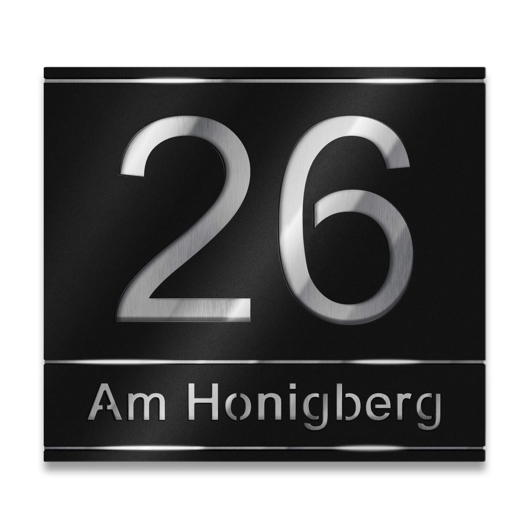 Metzler placa de número de casa en acero inoxidable, número personalizado en negro profundo con número y nombre de calle cortados por láser, inoxidable, efecto 3D, tamaño 38 x 33,7 cm