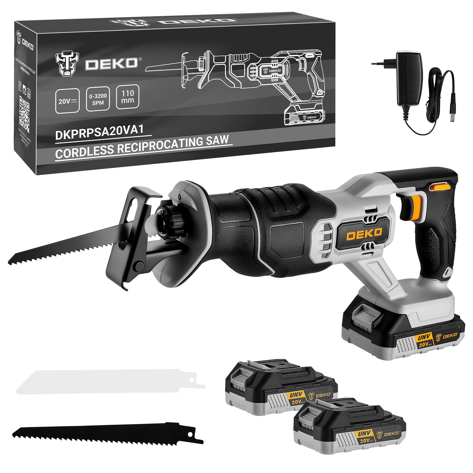 20V Sierra Sable Inalámbrica, DEKOPRO Sierra Sable Batería con 2 baterías de 2,0 Ah y 2 hojas de sierra, 0-3200 SPM, luz LED, Cambio de Hoja sin Herramientas, Para Cortar Madera y metal