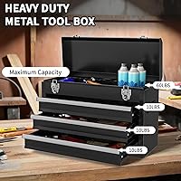 Vista 5 de Portable Metal Tool Box, 3 Drawers Lockable Heavy Duty Tool Chest Storage Toolbox with Ball-Bearing Slides and 2 Metal Latches Closure for Garage