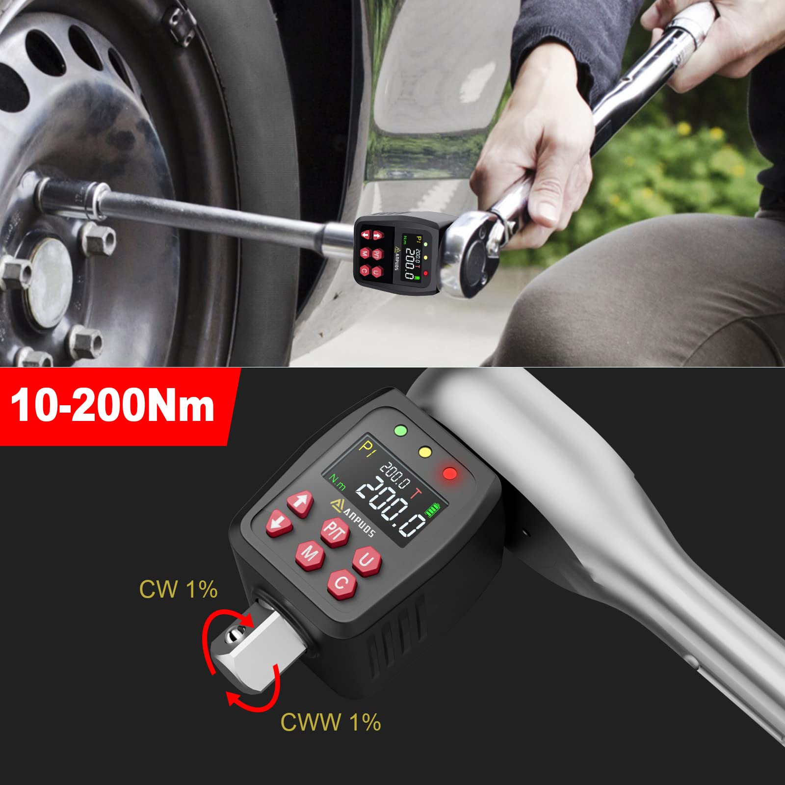 ANPUDS Digitaler Drehmomentadapter, 1/2 Zoll 10-200 Nm Drehmomentadapter Set mit Voreingestellter, Lagerung, Summer, LCD-Anzeige, ± 1% Fehlergenauigkeit, 1/4" 3/8" Adapter für Auto, Motorrad, Fahrrad
