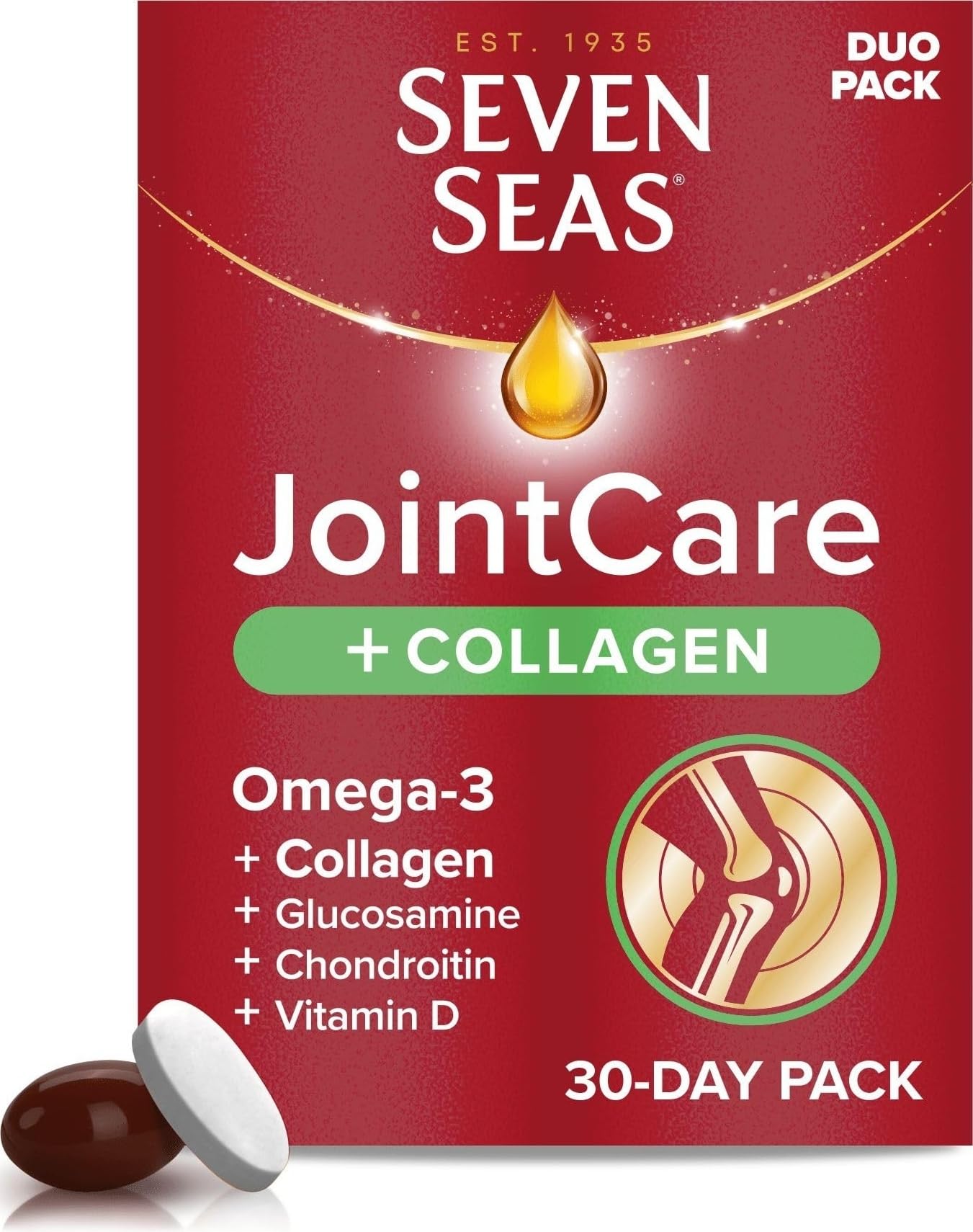 Seven Seas JointCare Plus Collagen, with Omega-3, Glucosamine, Chondroitin, Vitamins C and D, Manganese and Zinc, Food Supplements, 30-Day Pack