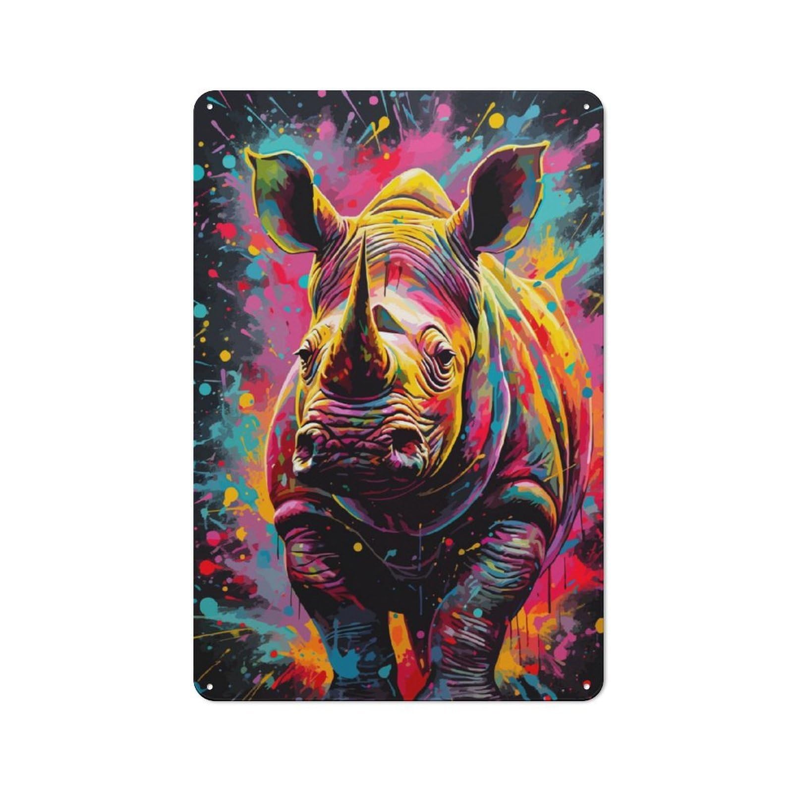 Metal Wall Sign 30x20cm Featuring Rihnos Rhinoceros Painting for Workshop Wall, Suited to Metal Sign Collectors