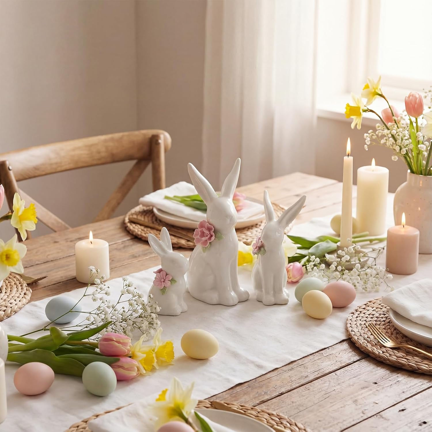 FoldTier 3 Pcs Easter Ceramic Bunny Tabletop Figurine Decor Rabbit with Flower Sculpture Table Centerpiece Decoration Tabletop Decorative for Spring Easter Home Indoor Decor Holiday Party Supplies