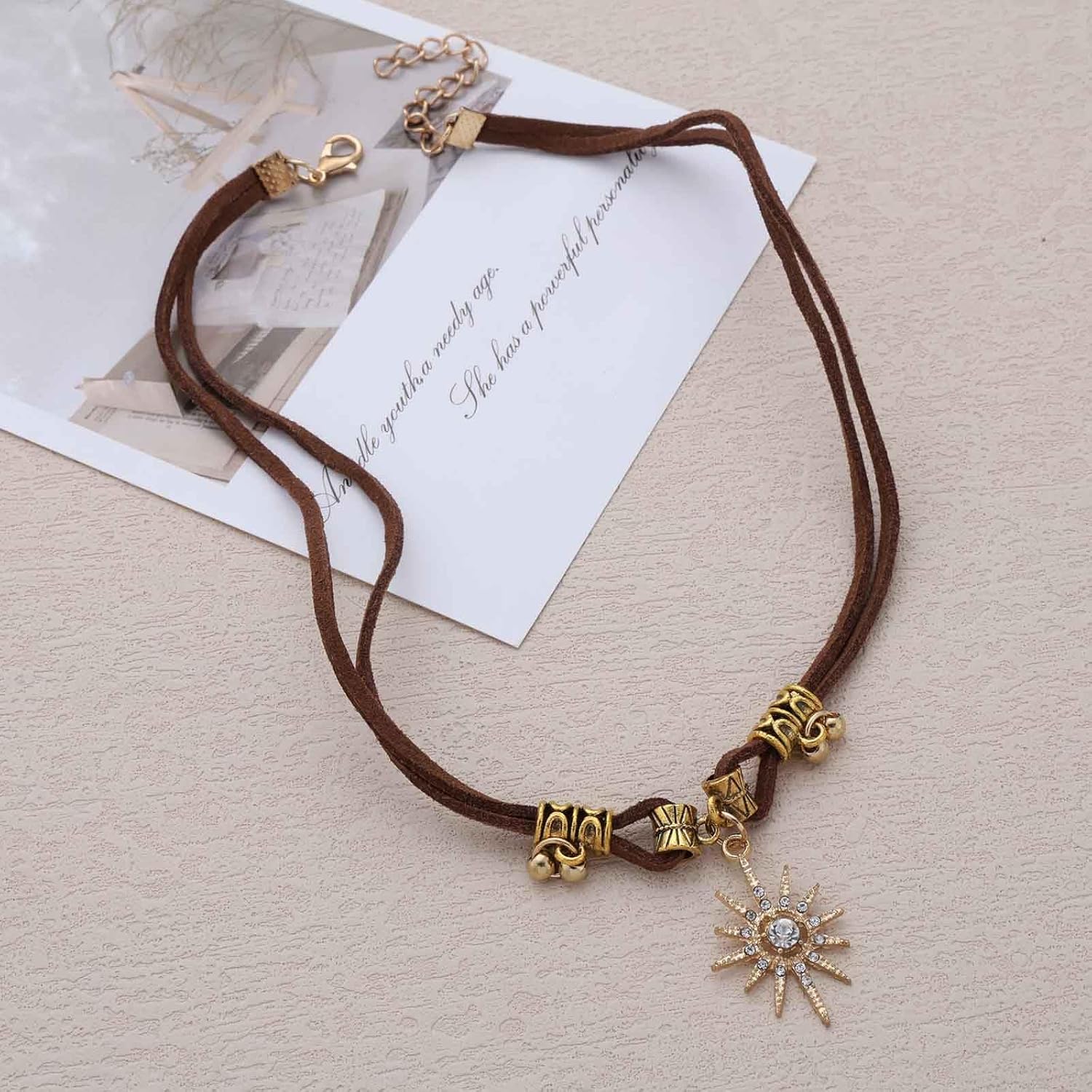 Bohemian Crystal Starburst Choker Necklace Gold Cz Star Pendant Necklaces Brown Leather Suede Cord Chain Necklaces Rhinestone Sunburst Suede Collar Necklace Jewelry for Women - Image 6