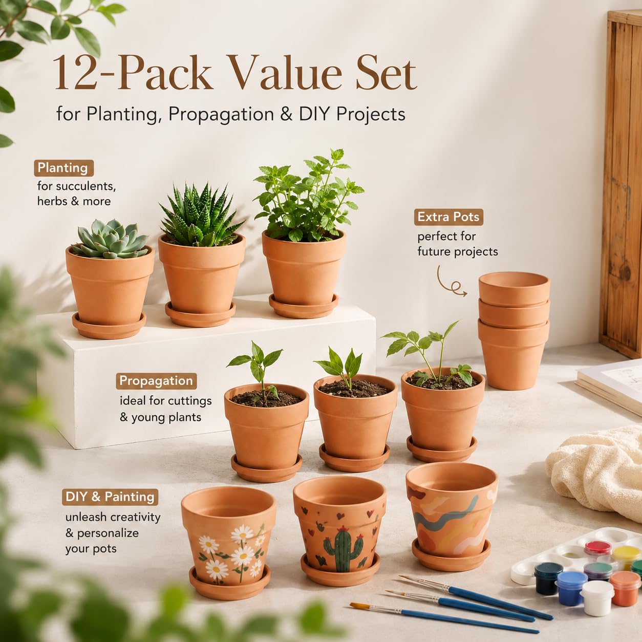 HERDUK Vasi in terracotta con piattini, sistema di piantagione in argilla da 10 cm, per radici sane, drenaggio affidabile e coltivazione indoor, ideale per piante grasse, piantine e piccoli spazi