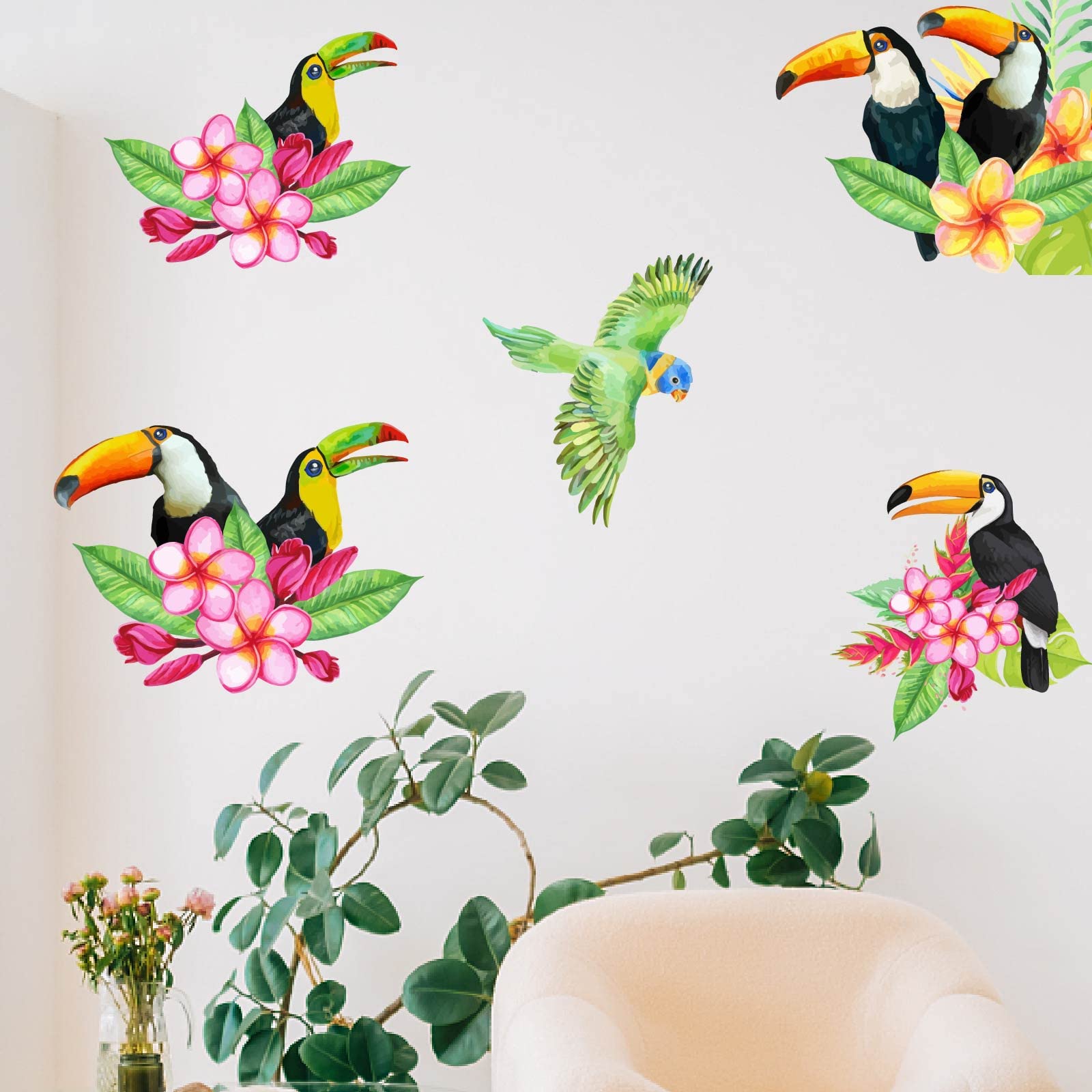 PLIGREAT Adesivo da parete arcobaleno musicale, adesivo da parete per uccelli canterini, adesivo da parete per decorazione camera da letto per famiglie in PVC, 77 × 39 cm