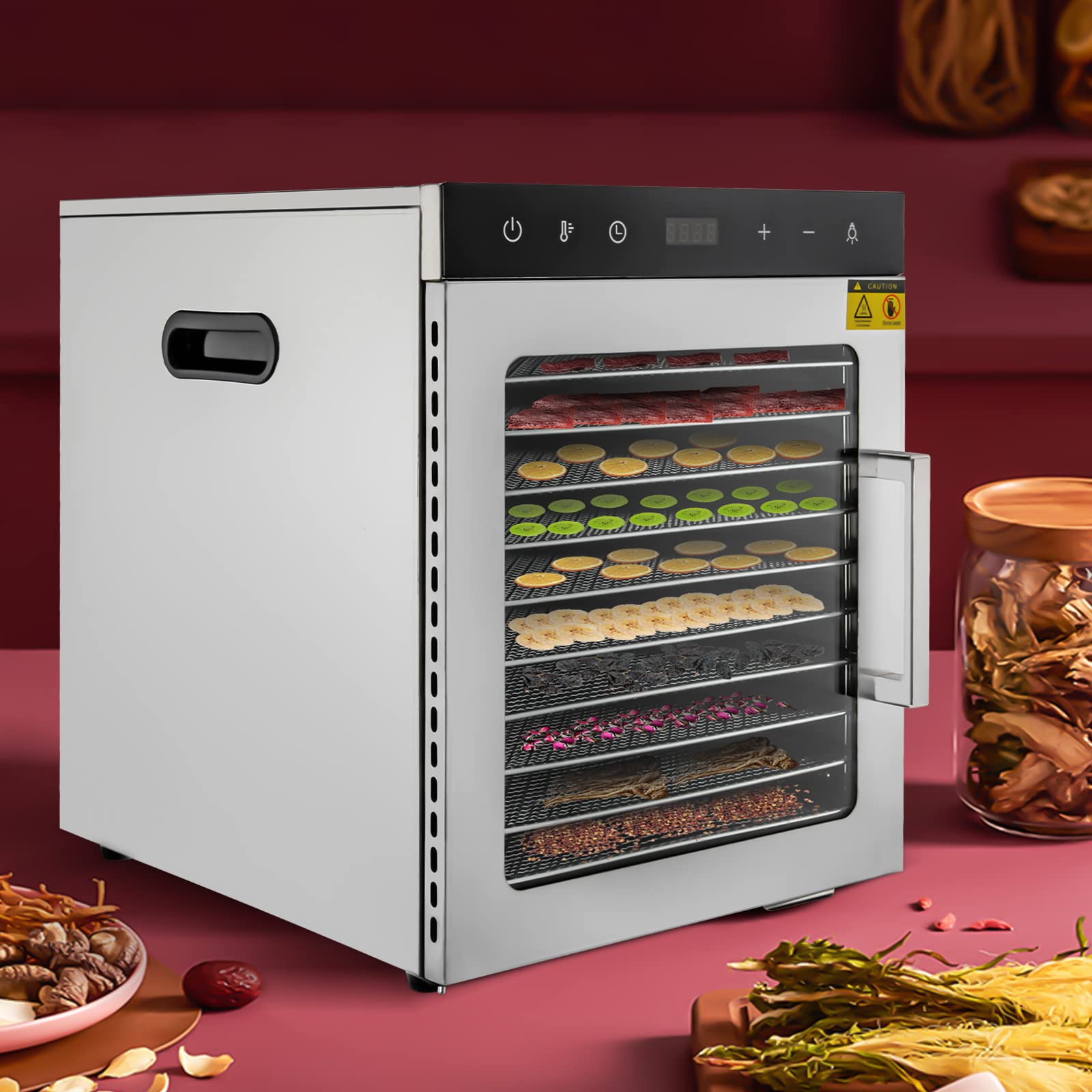 Fruitdroger, 10 etages, 800 W, voedseldehydrator, digitale 24-uurs timer, droogapparaat van roestvrij staal met instelbare temperatuur van 30-90 °C, elektrische voedseldroger