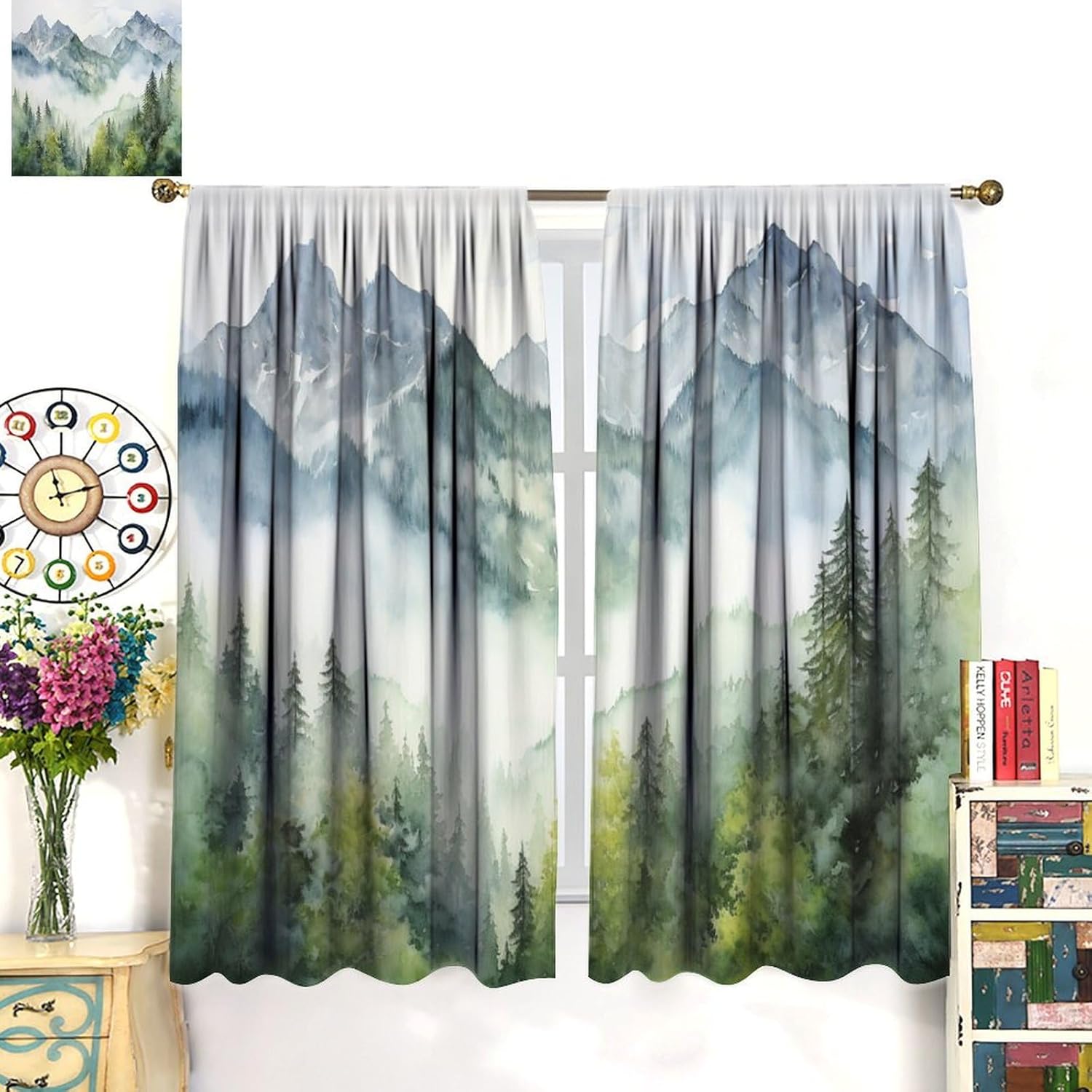 Forest Blackout Curtain for Dining Room, Watercolor Style Nature Woodland Green Forest Mountain Plant Rod Pocket Window Treatments 2 Panels Drapes for Nursery Bedroom Living Room Decor 42"W X 63"L
