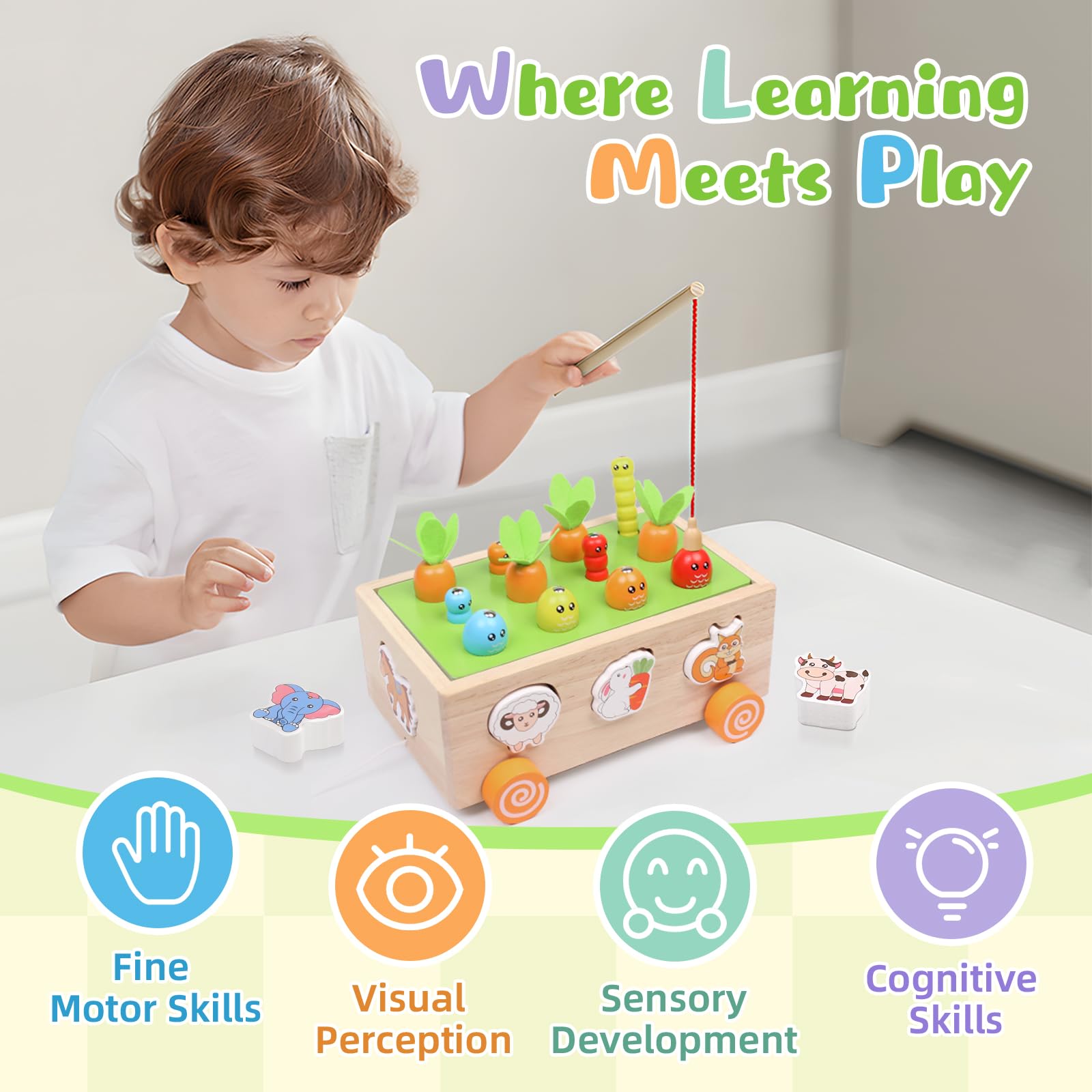 ZLLkeji Montessori Holzspielzeug 5-in-1 Set – Mit Angelspiel, Karottenernte, Sortieren, Stapeln & Fädeln – Lernspielzeug Ab 3 Jahren Für Feinmotorik & Kreativität