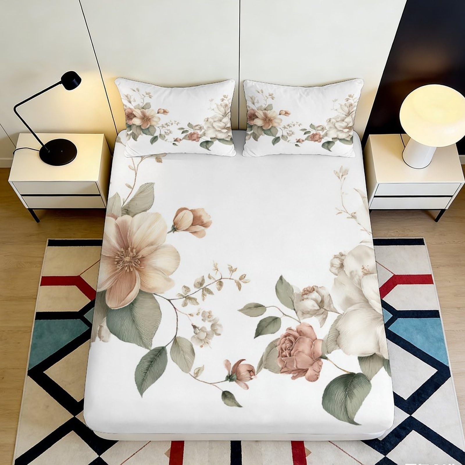 3D Printed Vintage Floral Fitted Sheet Microfiber Soft Breathable Watercolor Blossom Mattress Cover for Bedroom Guest Room Decor 90x200x25cm