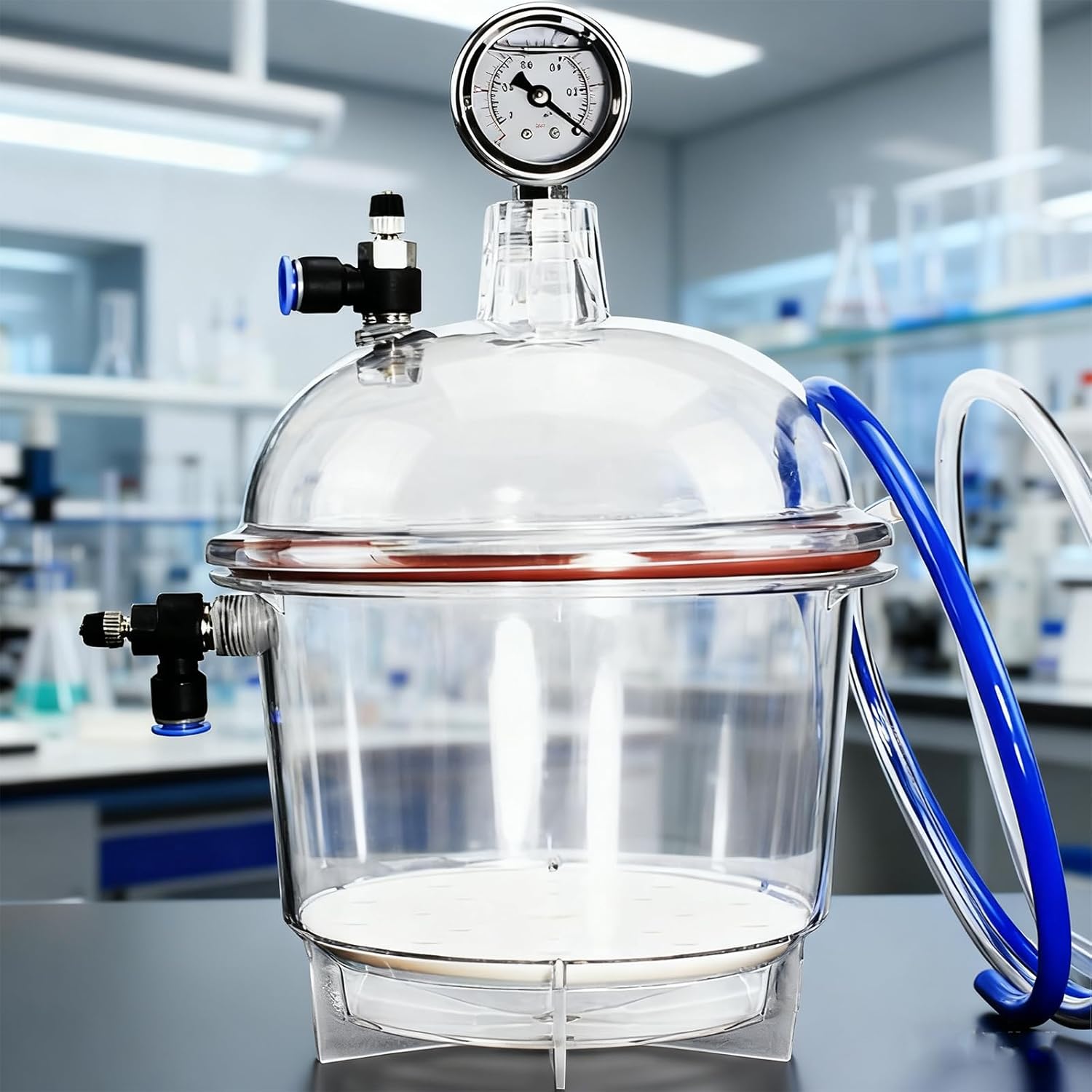 250mm Lab Vacuum Desiccator with Double Valve & Pressure Gauge, -25℃ to 120℃ for Efficient Vacuum Drying & Storage, Ideal for Scientific Research & Laboratory Use