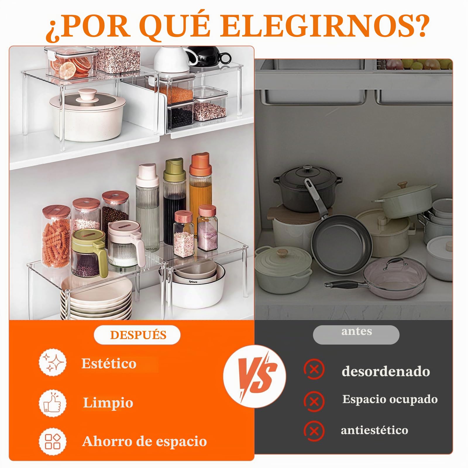 4 unidades de organizador de cocina apilable para especias | Organizador de armario de cocina transparente, estante de cocina, soporte para vasos, ampliable para encimeras de cocina