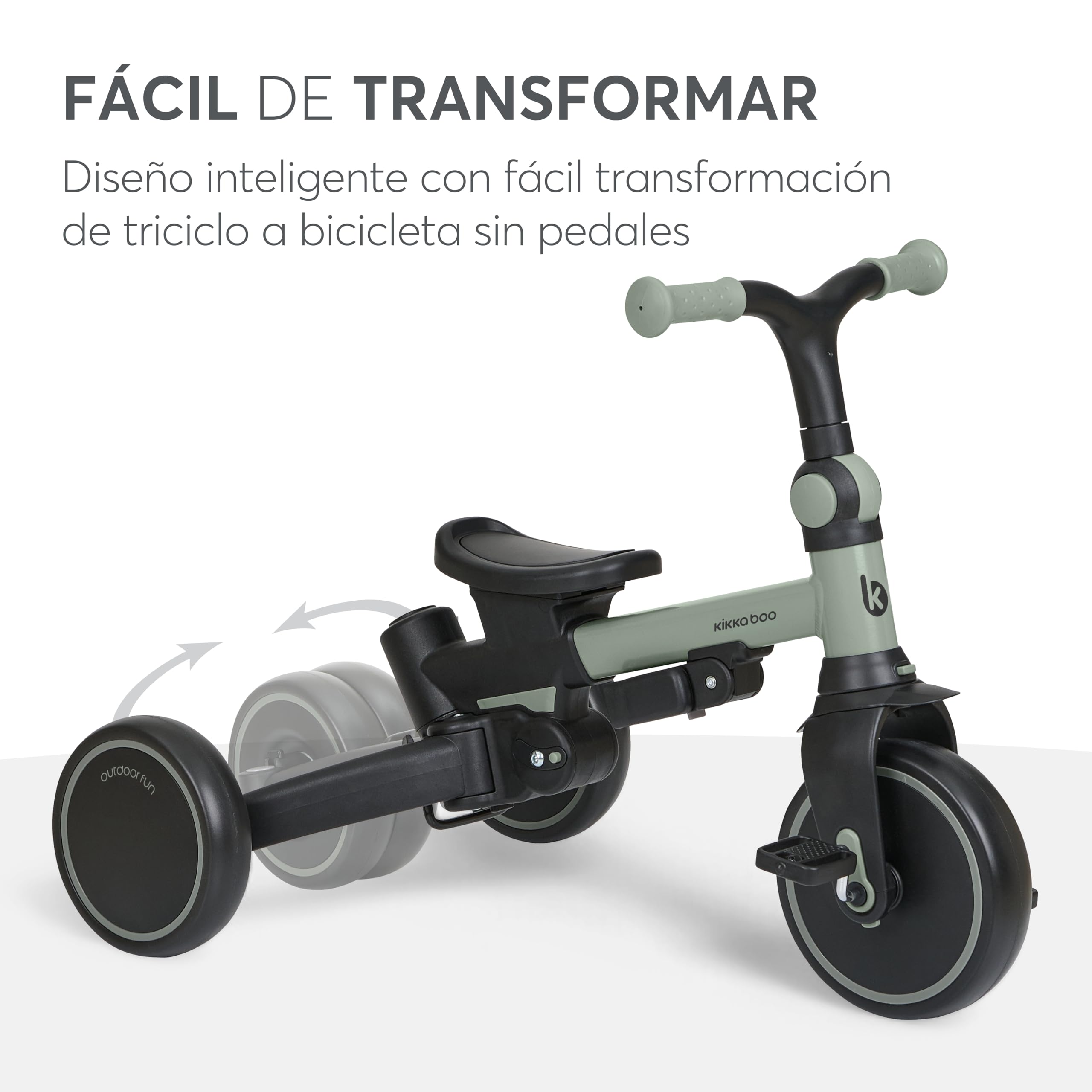 KikkaBoo Triciclo Evolutivo ALUMA 8 en 1, Triciclo Bebé Plegable con Manillar Padres, Asiento Reversible, Capota Ajustable, Arnés 5 Puntos, Marco Aluminio, Verde
