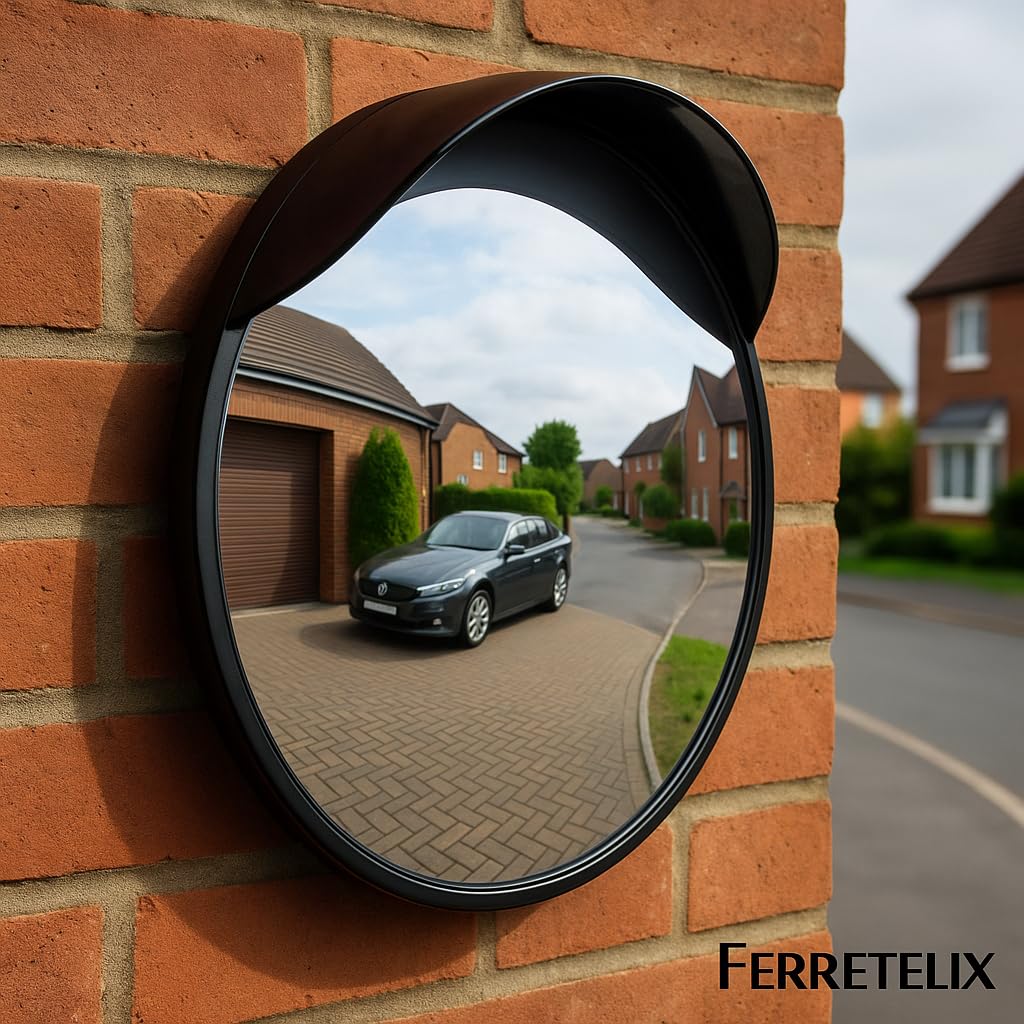 FERRETELIX® Espejo Convexo Exterior 45 cm con Visera y Soporte de Pared | Seguridad en Garajes, Calles, Naves Industriales y Parkings