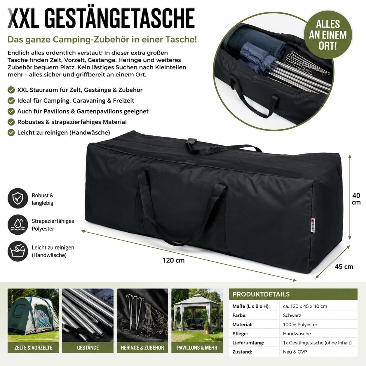 XXL Gestängetasche 120 x 45 x 40 cm – Zelttasche für Vorzelt, Campingzelt & Pavillon – Robuste Transporttasche aus Polyester – Schwarz