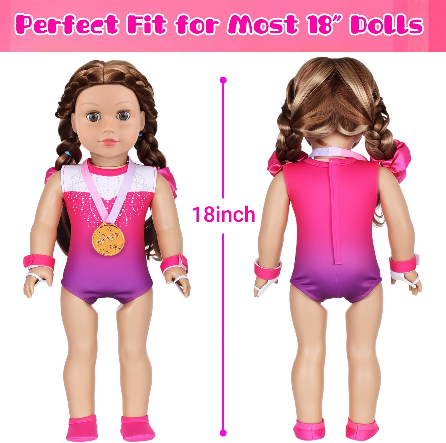 11 Pcs 18" Doll Clothes Gymnastics Sports Outfit Accessory | Sequin Leotard, Bracelets, Hair Clips, Ribbon, Ball, Hoop, Medal, Shoes, Full Gymnastics Props For 18" Doll Doll Pretend Play