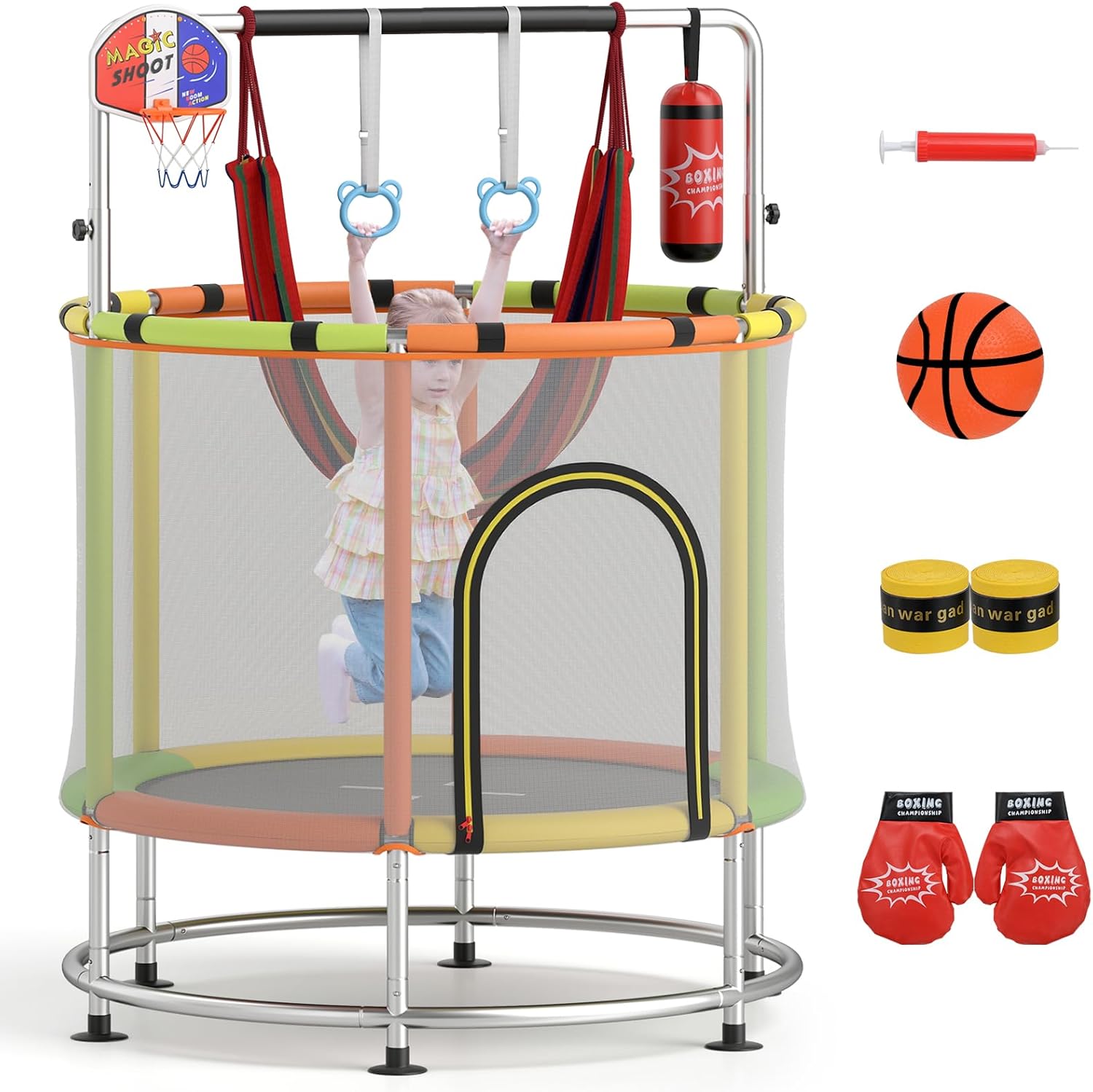 Goplus 55" Toddler Trampoline, 6-in-1 Mini Trampoline for Kids Up to 440LBS w/Hammock, Basketball Hoop, Adjustable Gymnastics Bar, Rings, Punching Bag, Safety Net, Gift for Boys Girls Age 3+