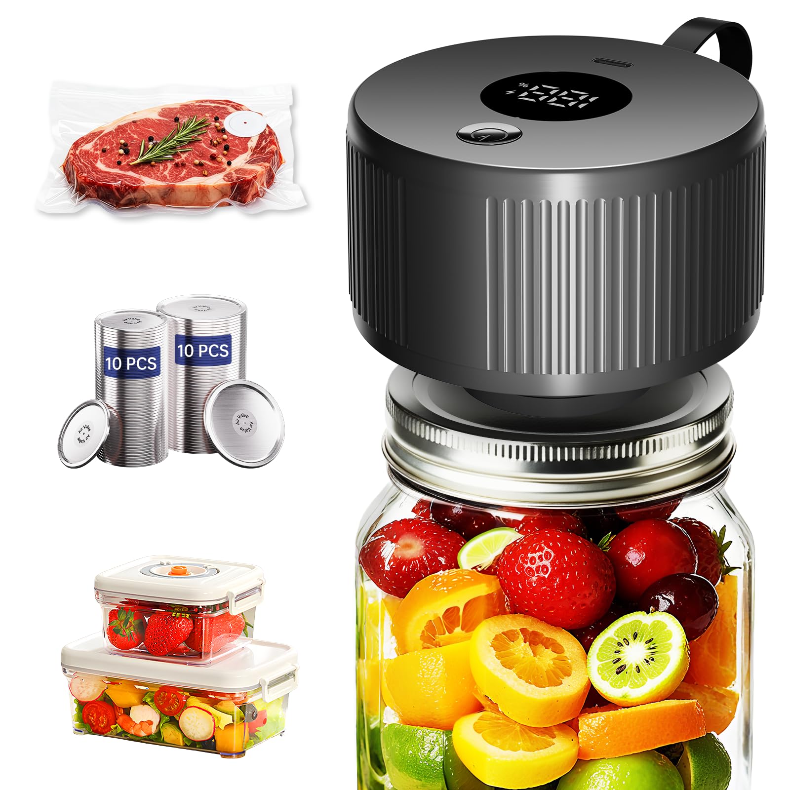 Electric Mason Jar Vacuum Sealer Kit, 3-in-1 Handheld Automatic Vacuum Sealer for Mason Jars, Canning Sealer Machine for Jars, Containers, Vacuum Bags | Present for Mom, Black