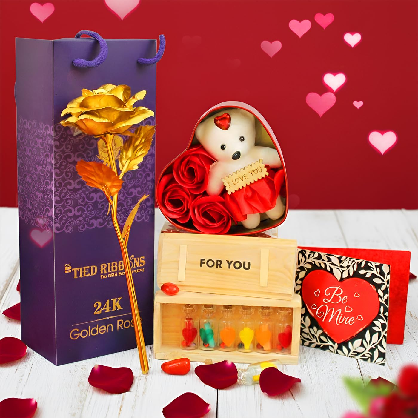 TIED RIBBONS Valentine Gift Artificial Golden Rose Flower with Teddy Gift Box and Love Messages Bottles Combo - Valentine Gift for Girlfriend Boyfriend Husband Wife Couple