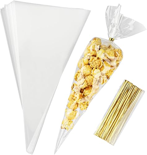 100 bolsas de golosinas en forma de cono, 11.8 x 6.3 pulgadas, bolsas de celofán en forma de cono, bolsas triangulares con lazos, bolsas