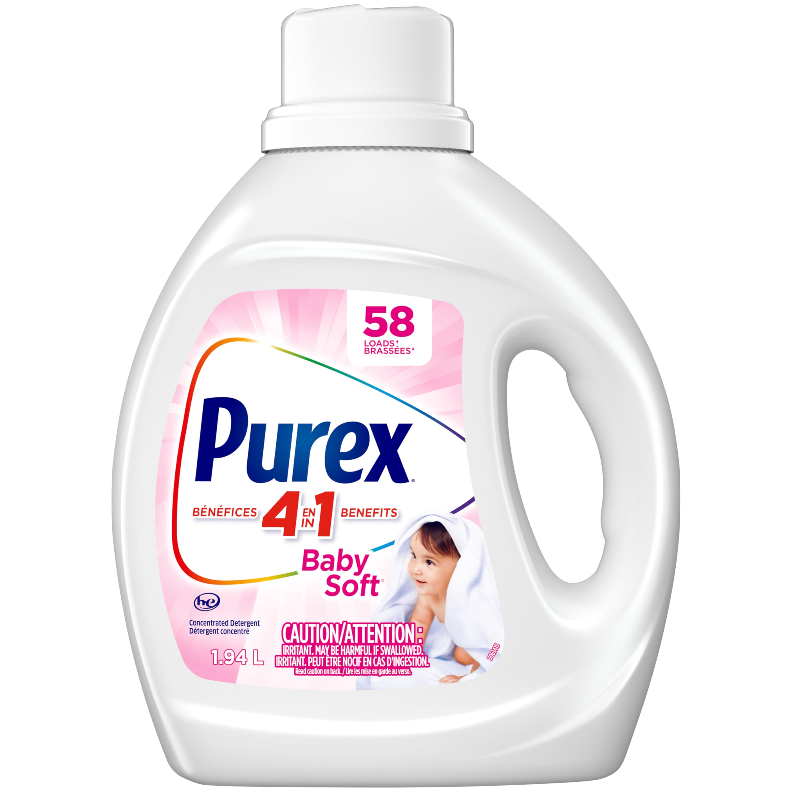 Purex Baby Soft, Concentrated Hypoallergenic Liquid Laundry Detergent for Babies, Free of Dyes, Pediatric Dermatologist Tested, Gentle on Skin, 1.94L, 58 Wash Loads, HE Compatible - 1