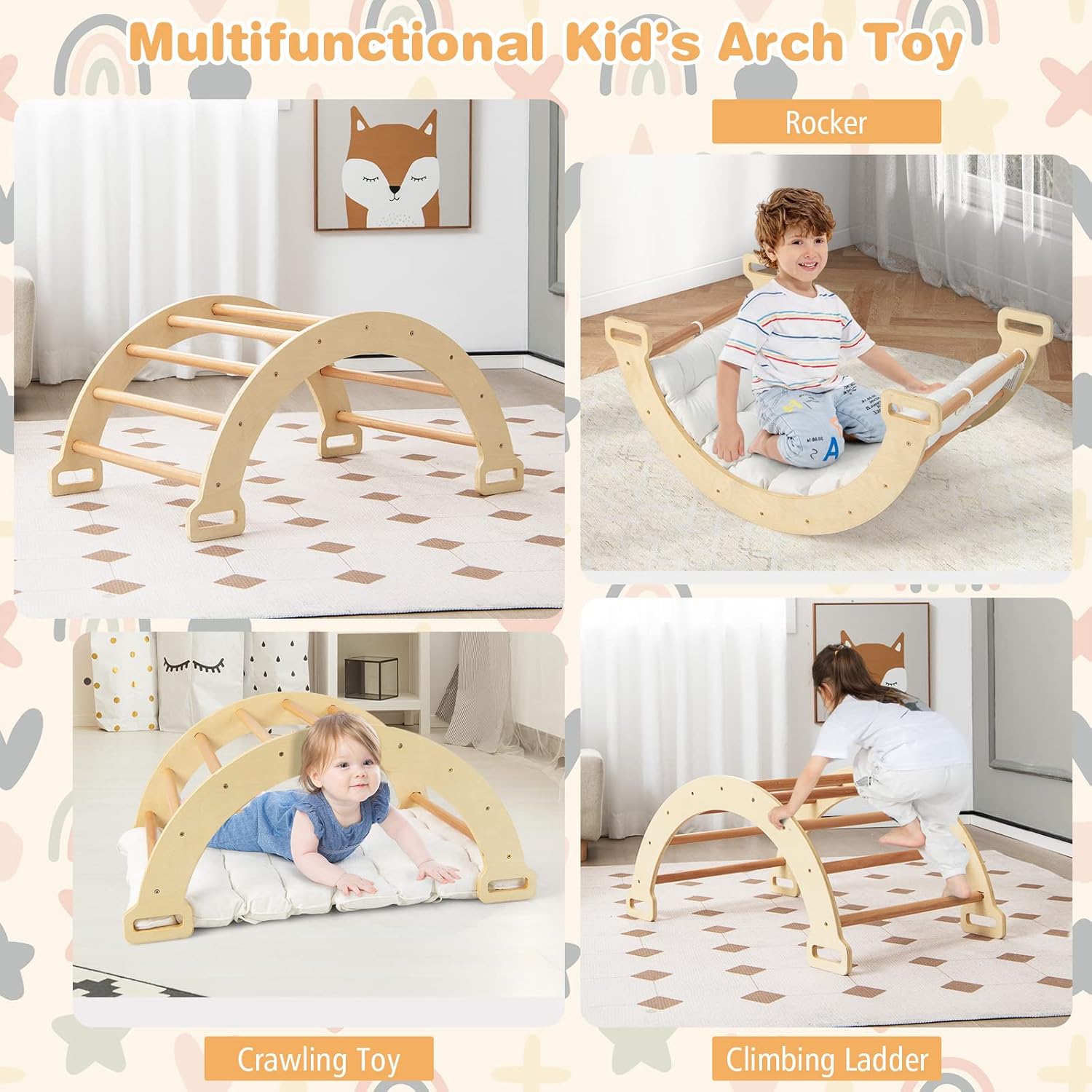 HONEY JOY Wooden Ladder Arch for Climbing, 3-in-1 Kids Climber Ladder & Rocker Board w/Cushion Pad, Triangle Climber for Playground, Gym & Daycare, Climbing Toy for Toddlers Boys Girls (Natural)