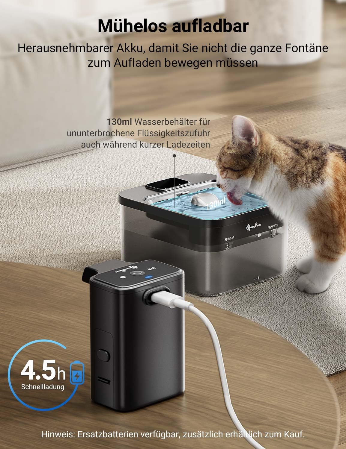 DownyPaws 2.5L Trinkbrunnen für Katze Kabellos, Katzenbrunnen Kabellos mit Bewegungsmelder, Batteriebetrieben Katzentrinkbrunnen, 4000mAh, Leise Wasserpumpe, Tablett aus Edelstahl für Katze, Schwarz