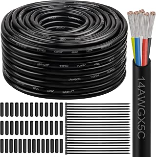14 Gauge 5 Conductor Electrical Wire, 14 AWG Tinned Copper Stranded PVC Cable, Waterproof/Flexible/Low Voltage Extension Cord for Automotive, Marine, Solar, LED Lighting (100FT)