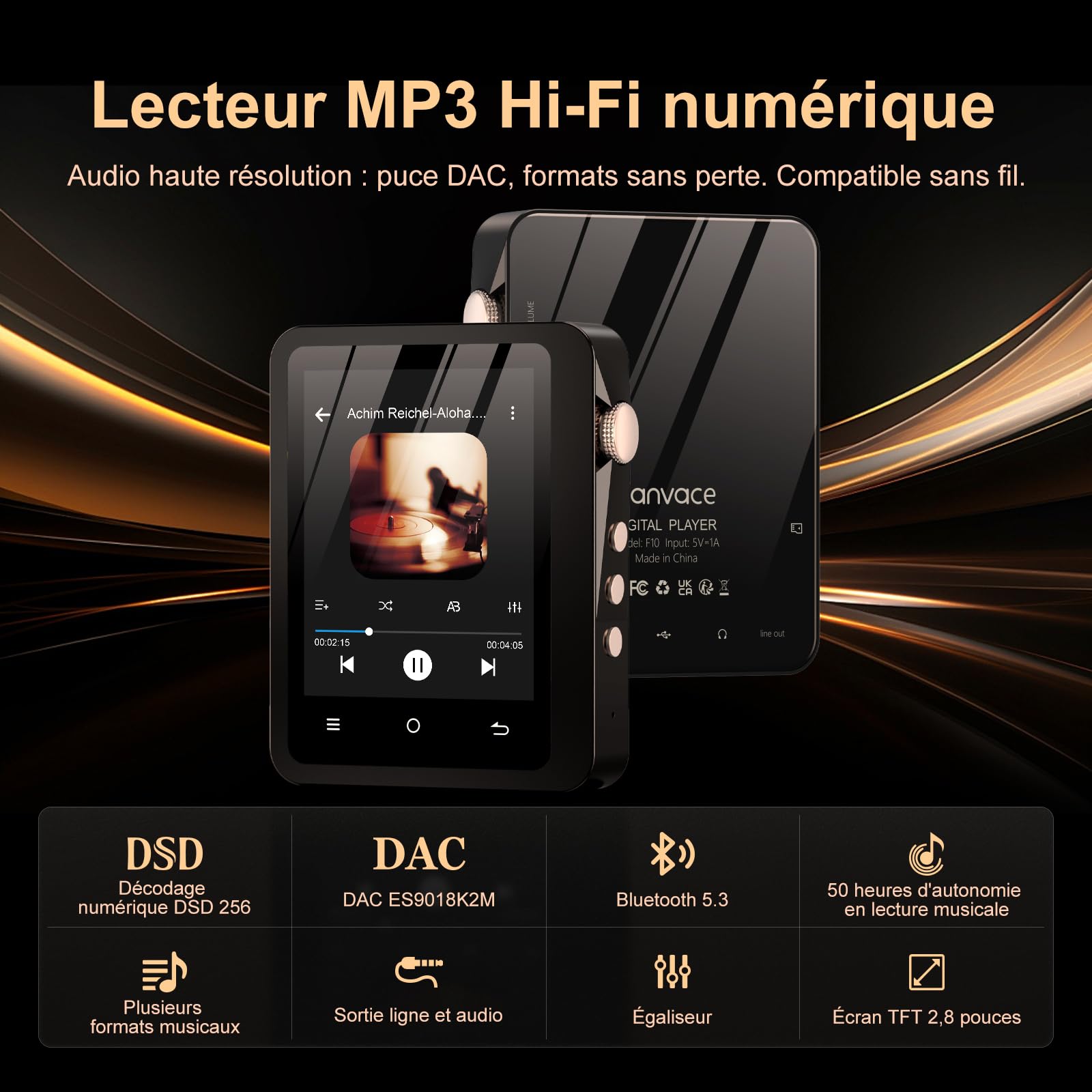 Lecteur MP3 Fanvace HiFi avec Bluetooth 5.3, Lecteur Audio numérique Haute résolution DSD sans Perte, Lecteur Audio Portable 64 Go avec écran Tactile 2,8 Pouces et Batterie 2000 mAh