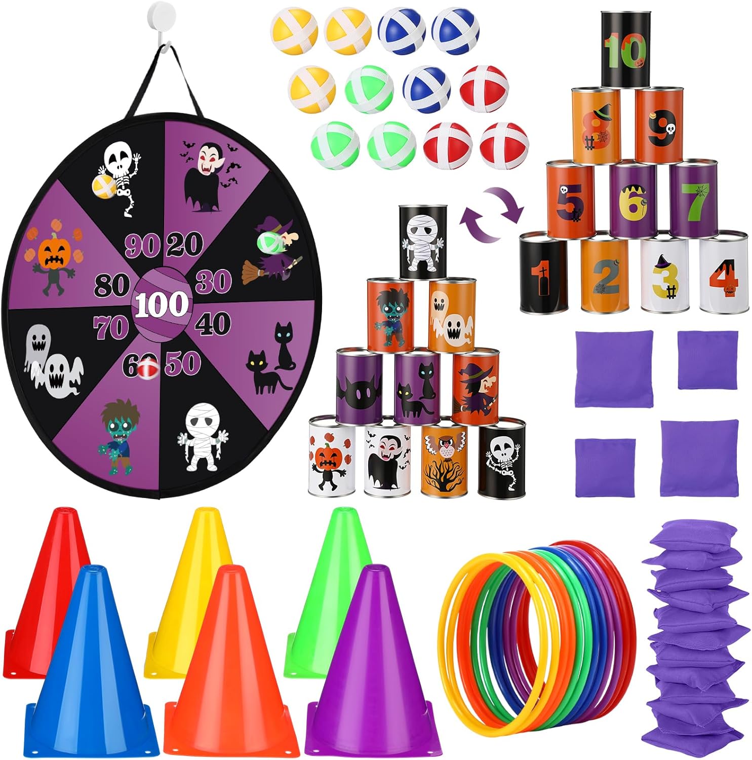 HyDren 58 Pcs Toss Set Knock Down Can Bean Toss Bag Plastic Cones Ring for Adults Indoor Outdoor Yard Lawn Party Favors Supplies