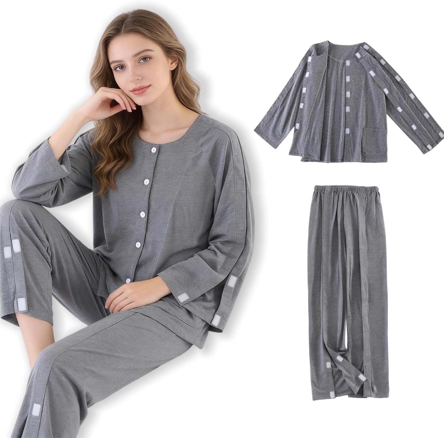 Long-Sleeved Pajamas,Tear Away Bedridden Clothes,Suitable for Postoperative Care,Grey