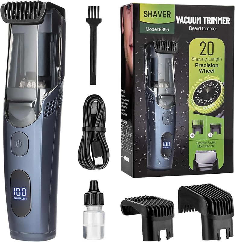 Vacuum Beard Trimmer for Men for Mustache, Sideburns, Facial Hair | 20 Length and Styles Adjustable, Built-in Vacuum,Rechargeable