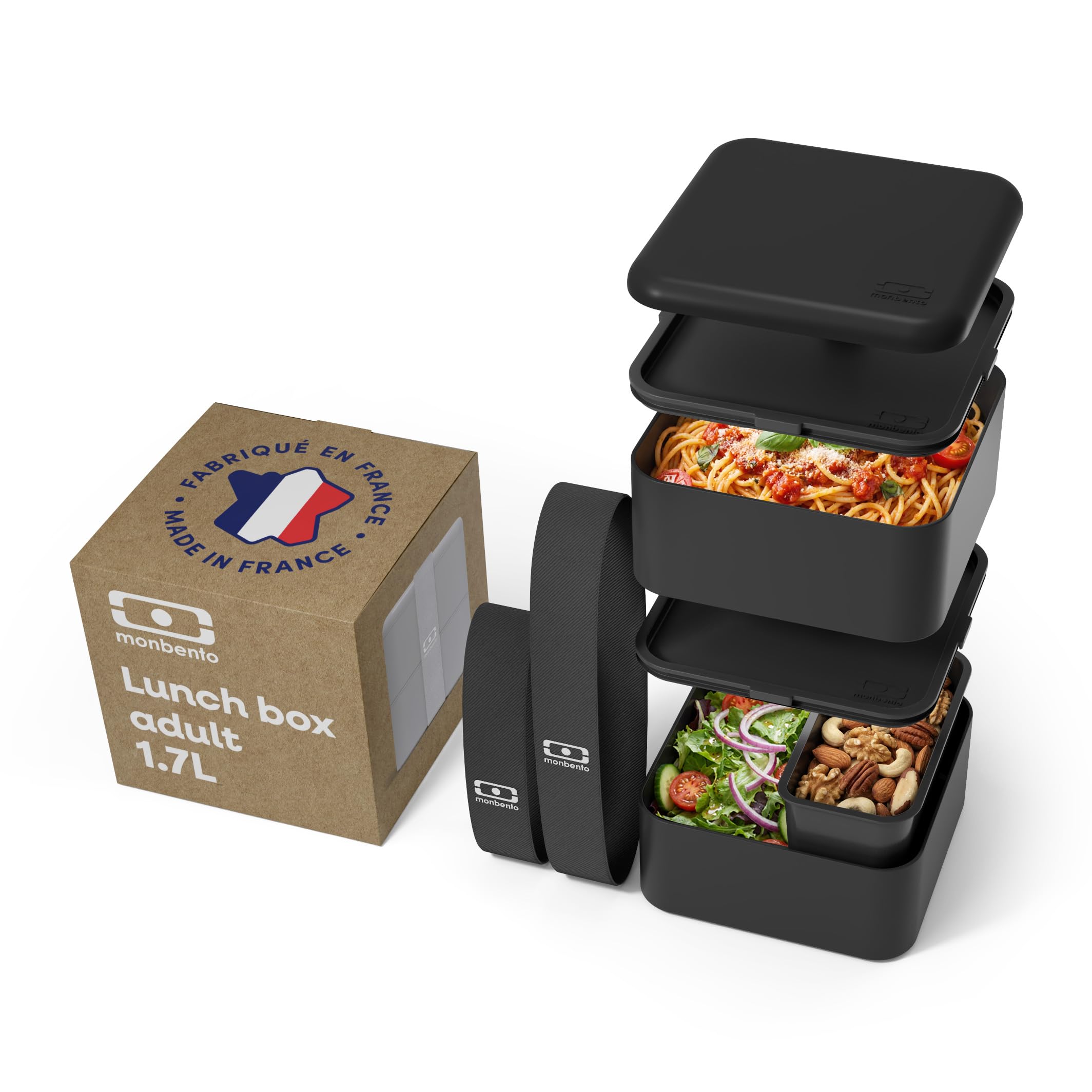 monbento - Bento box MB Square Onyx - Grande Boîte Repas à Compartiments - Lunch box Hermétique 2 étages - Idéal pour Travail/Ecole - Sans BPA - Durable et Sûr - Made In France - Noir