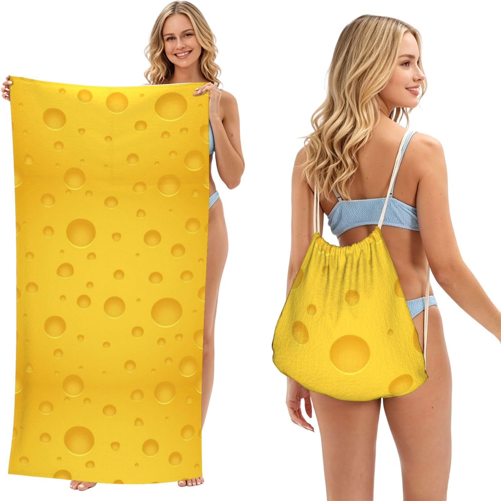 Poadnly As Picture Yellow Cheese, 2 In 1 Packable Towel Bag, Beach Towels With Drawstring Backpack For Travel Holiday Camping