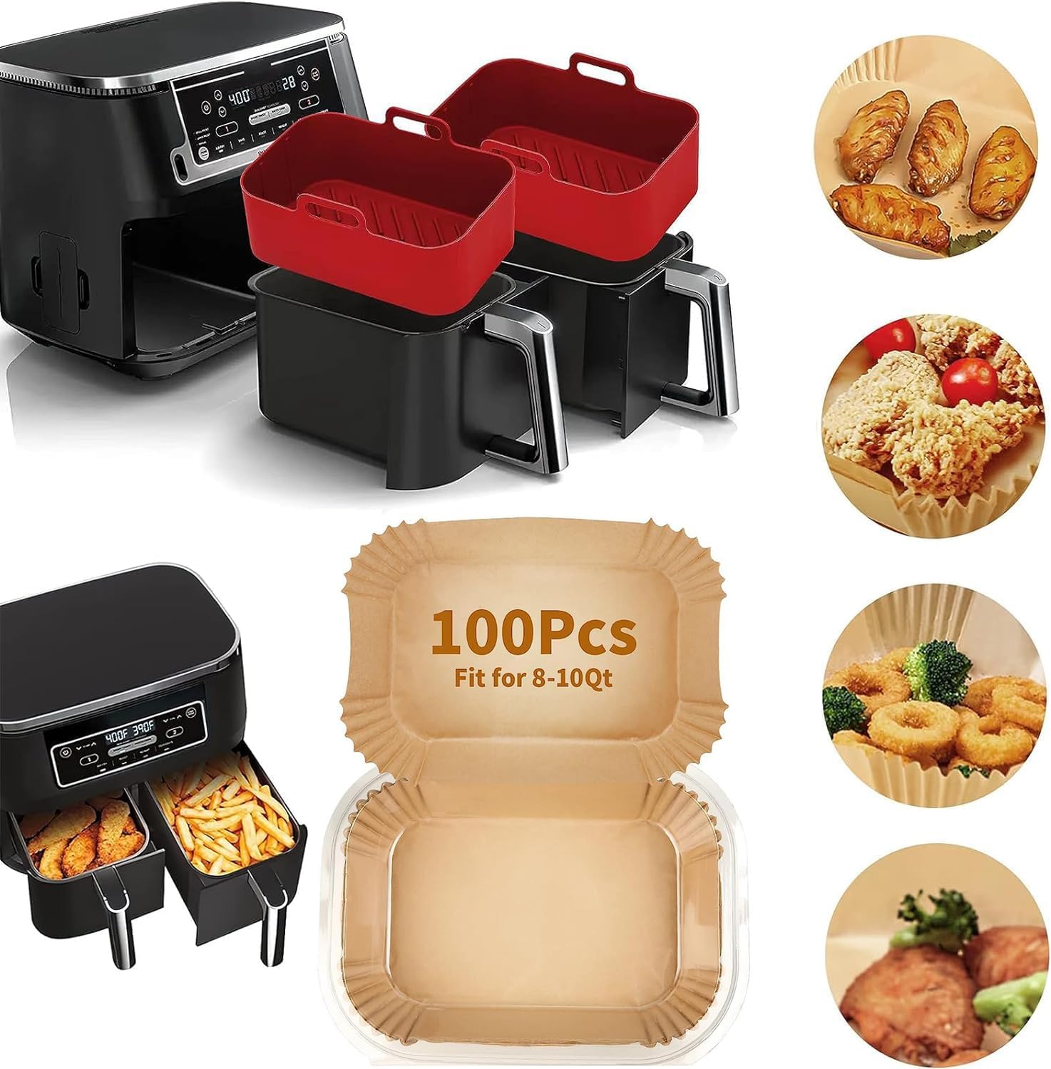 100Pcs Air Fryer Disposable Liners+ 2Pcs Silicone Liners Sets for Ninja DZ201 SL201 DZ090 6-8Qt, Rectangular Air Fryer Inserts Accessories for Chefman/Instant Dual Basket, Parchment Paper Liners+Red