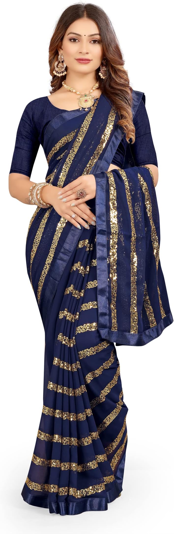 ShasmiNavy Blue Women's Embroidered Georgette Saree With Blouse Piece (Anushka Navy)