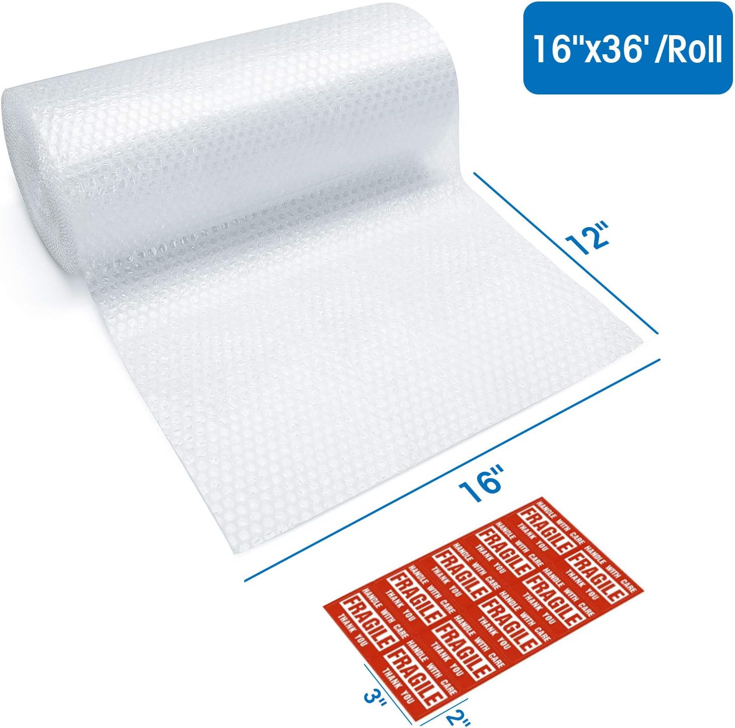 Metronic 16" Bubble Roll- Perforated 16"×12",1 Rolls 36 Ft Air Bubble Cushioning Roll, Included 10 Fragile Sticker Labels for Packing Moving Shipping Boxes Supplies