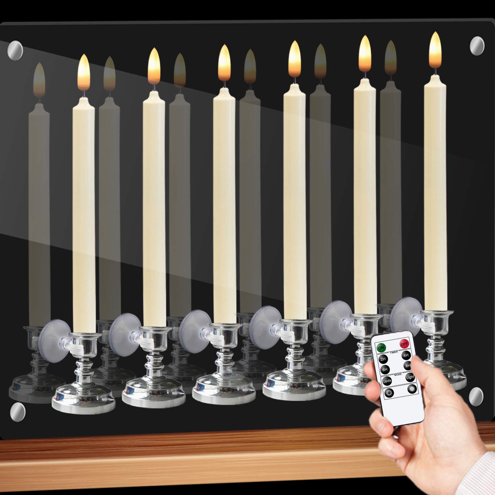 GenSwinWindow Flameless Taper Candles with Remote & Timer, Battery Operated LED Candle ing Warm 3D Wick Light with Suction Cups, Set of 6 Real Wax Christmas Home Wedding Decor(Silver Holders)