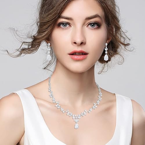 Miniatura 5 de Juego de joyas de boda para novia, conjunto de collar y aretes colgantes de circonita cúbica marquesa para mujer