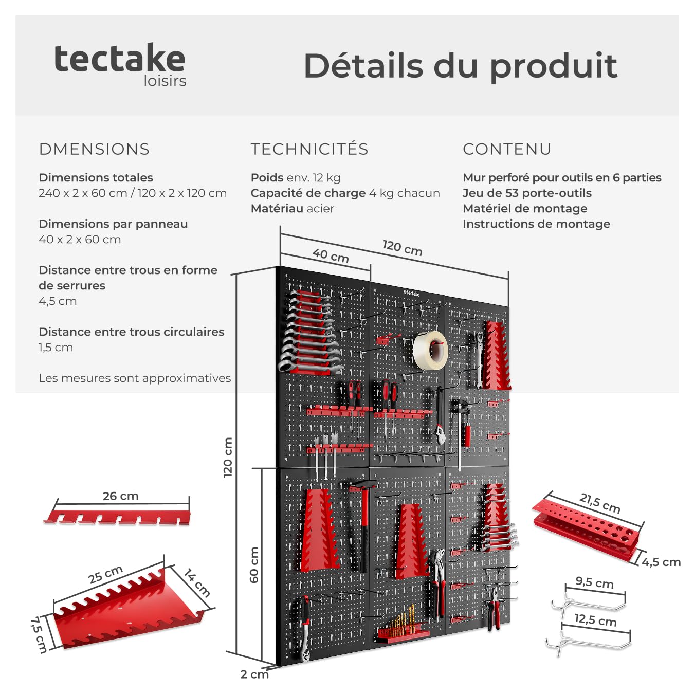 tectake® Panneau Mural Perforé Porte outils mural Lot de 6 Panneaux 240 x 2 x 60 cm 53 pcs Crochet & Supports, Extensible Système de rangement Outillage & visserie