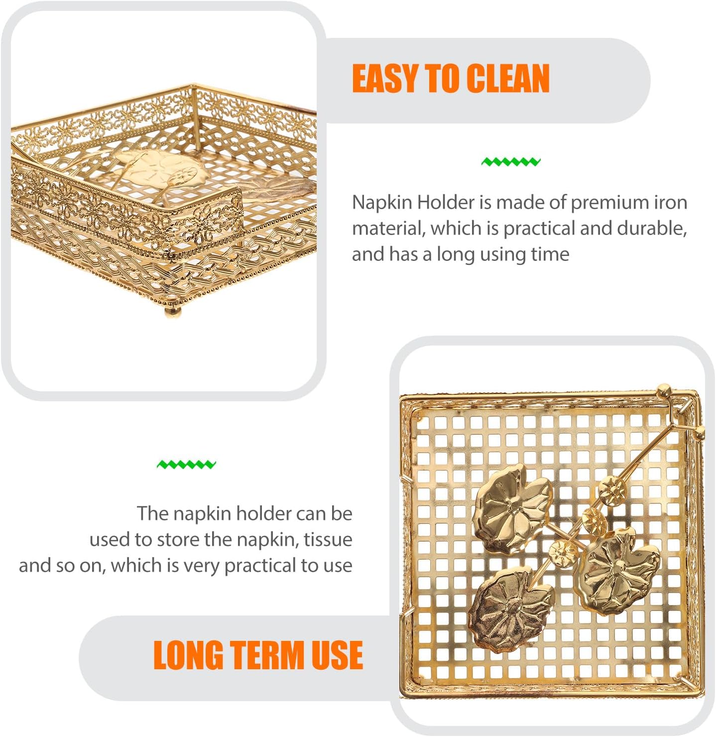 European Style Iron Tissue Rack Napkin Holder Hollow Carved Desktop Tissue Stand Gold for Kitchen Table Decor