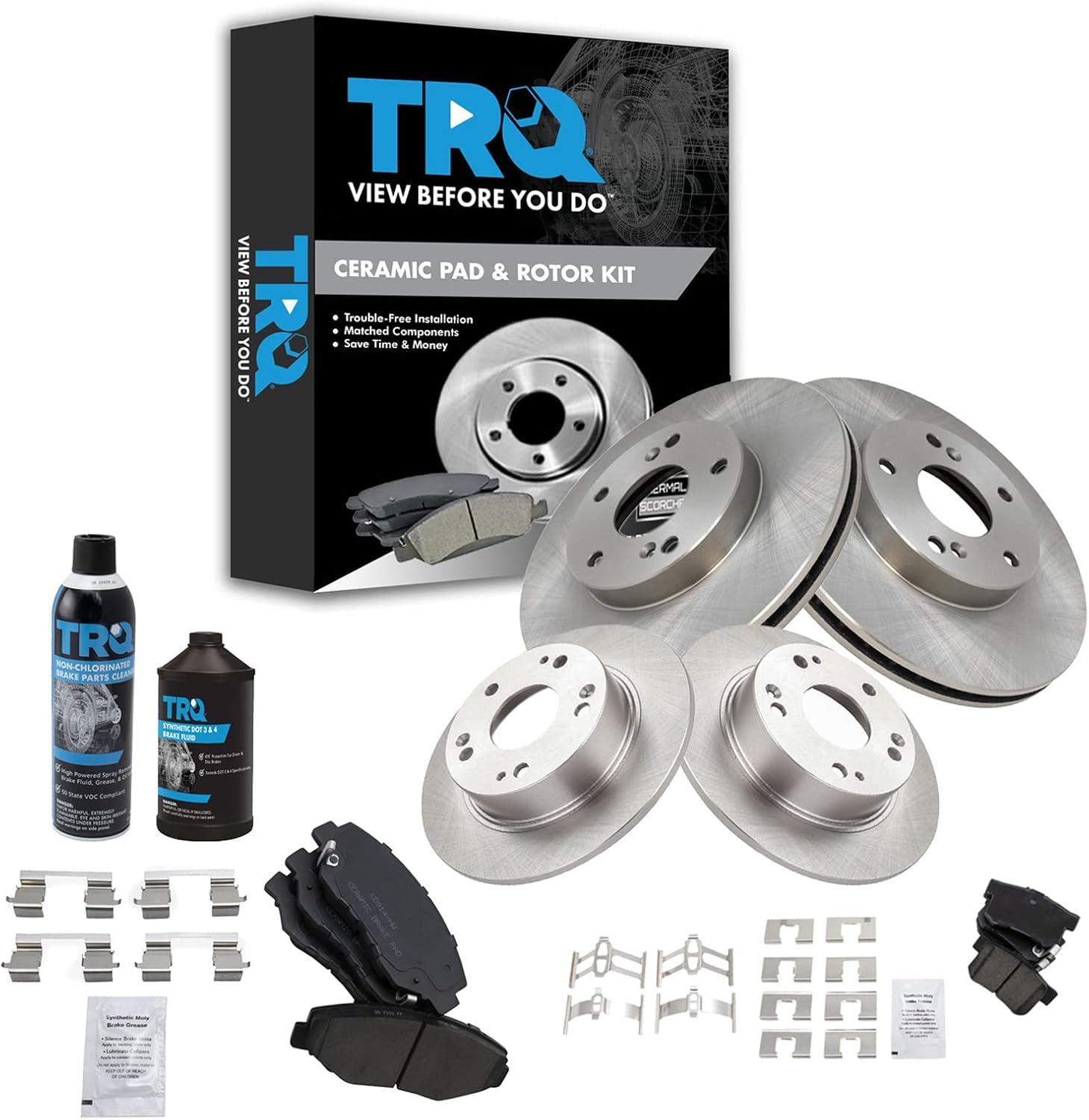 TRQ Front and Rear Brake Pad & Rotor Kit Brake Chemical Kit Brake Pads Brake Rotor Ceramic Compatible with 2003-2007 Honda Accord