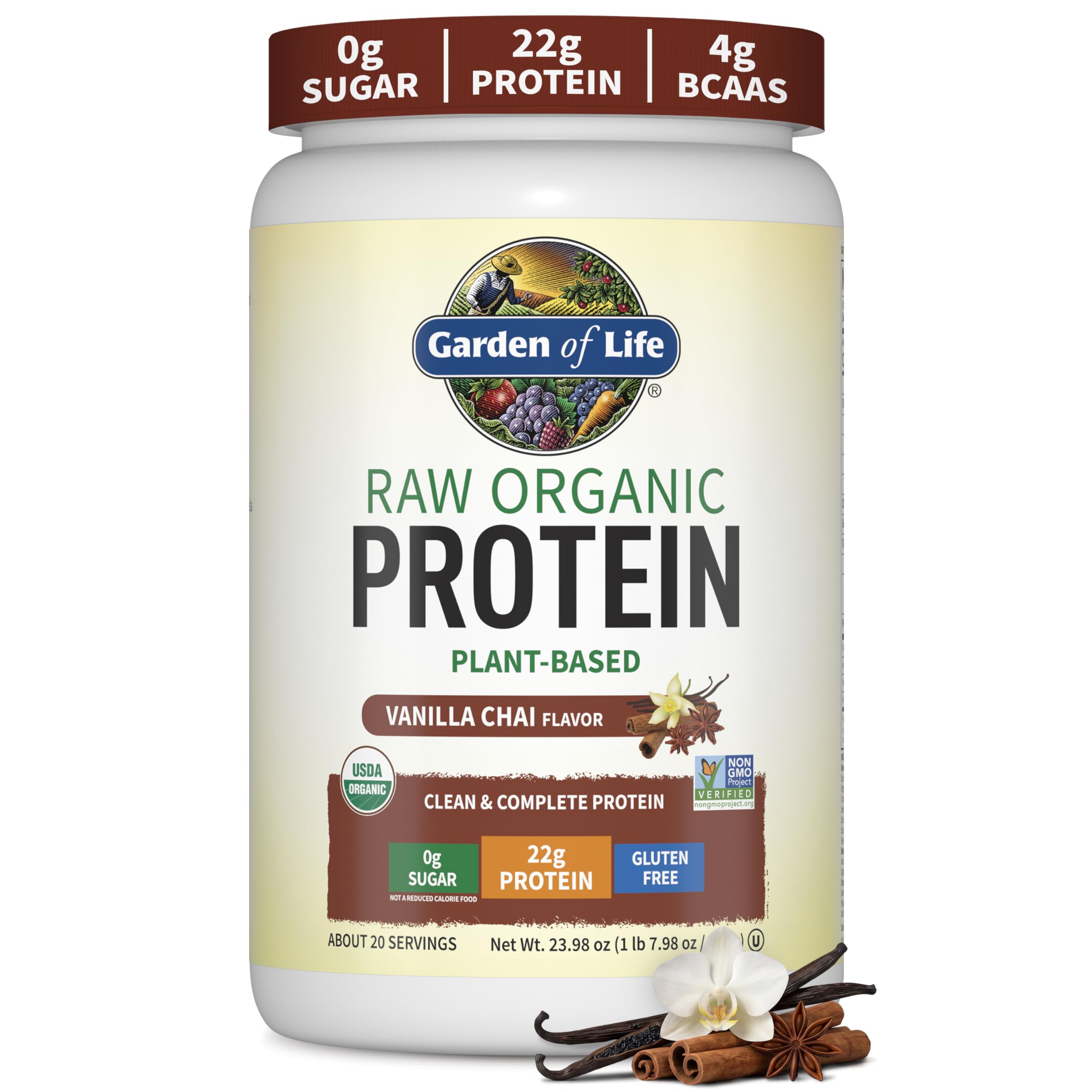 Garden of Life Proteína Vegetal Orgânica em Pó com BCAAs, Probióticos e Enzimas, Sabor Vanilla Chai, 544 g