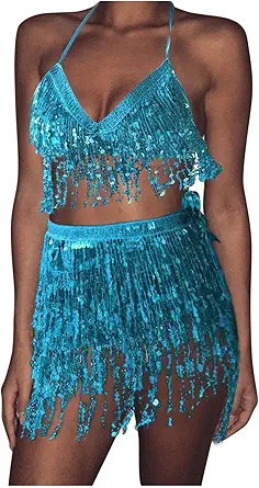 Belly Dance Skirt with Cami Top Women Sequin Fringe Skirt Set 2 Piece Rave Dance Bra Party Costume Outfits for Girls