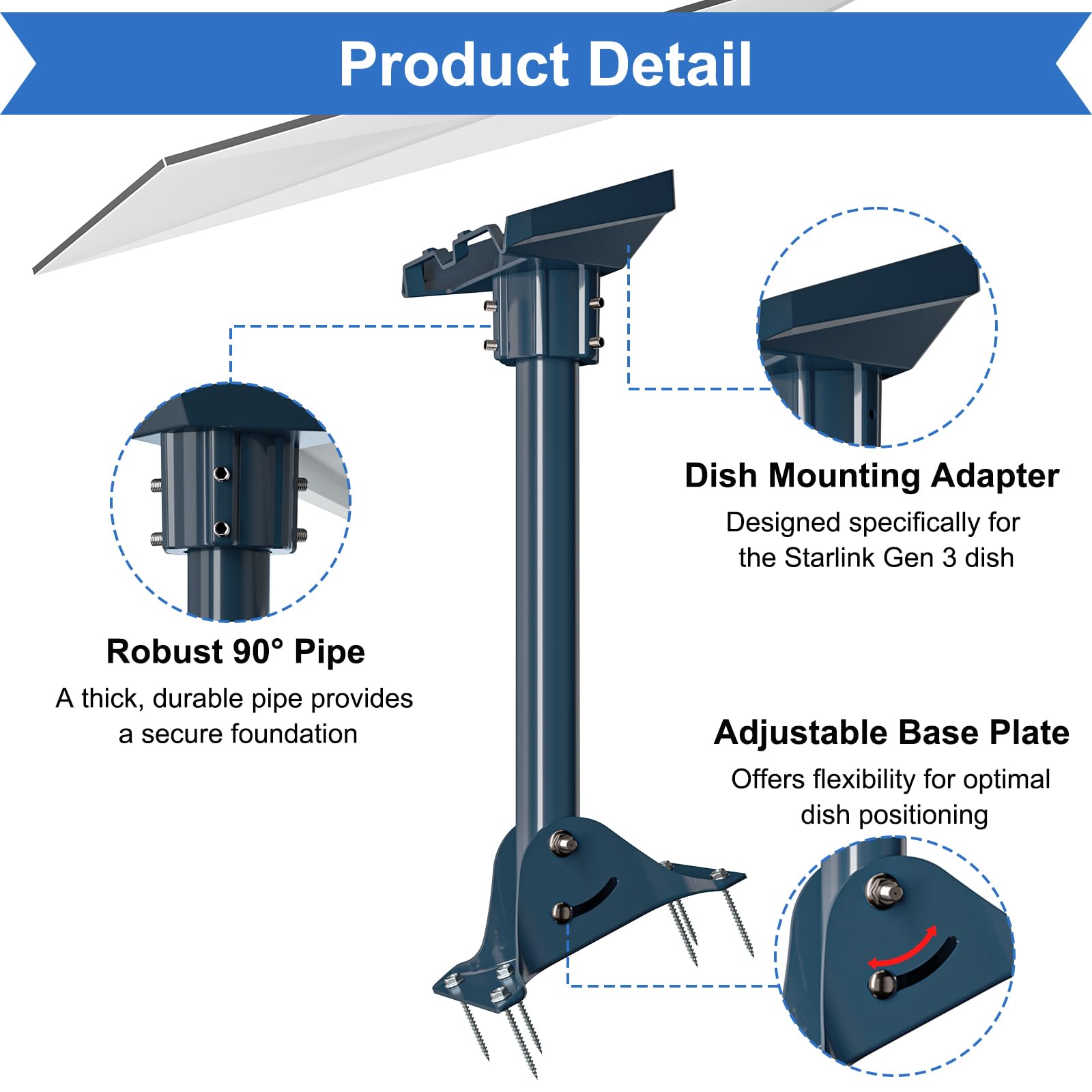 Adapter Starlink Gen 3 ze stopu aluminium, stalowy, obrotowy maszt o długości 40 cm z regulowanym mocowaniem dachowym, kompatybilny ze standardową anteną satelitarną Starlink D3