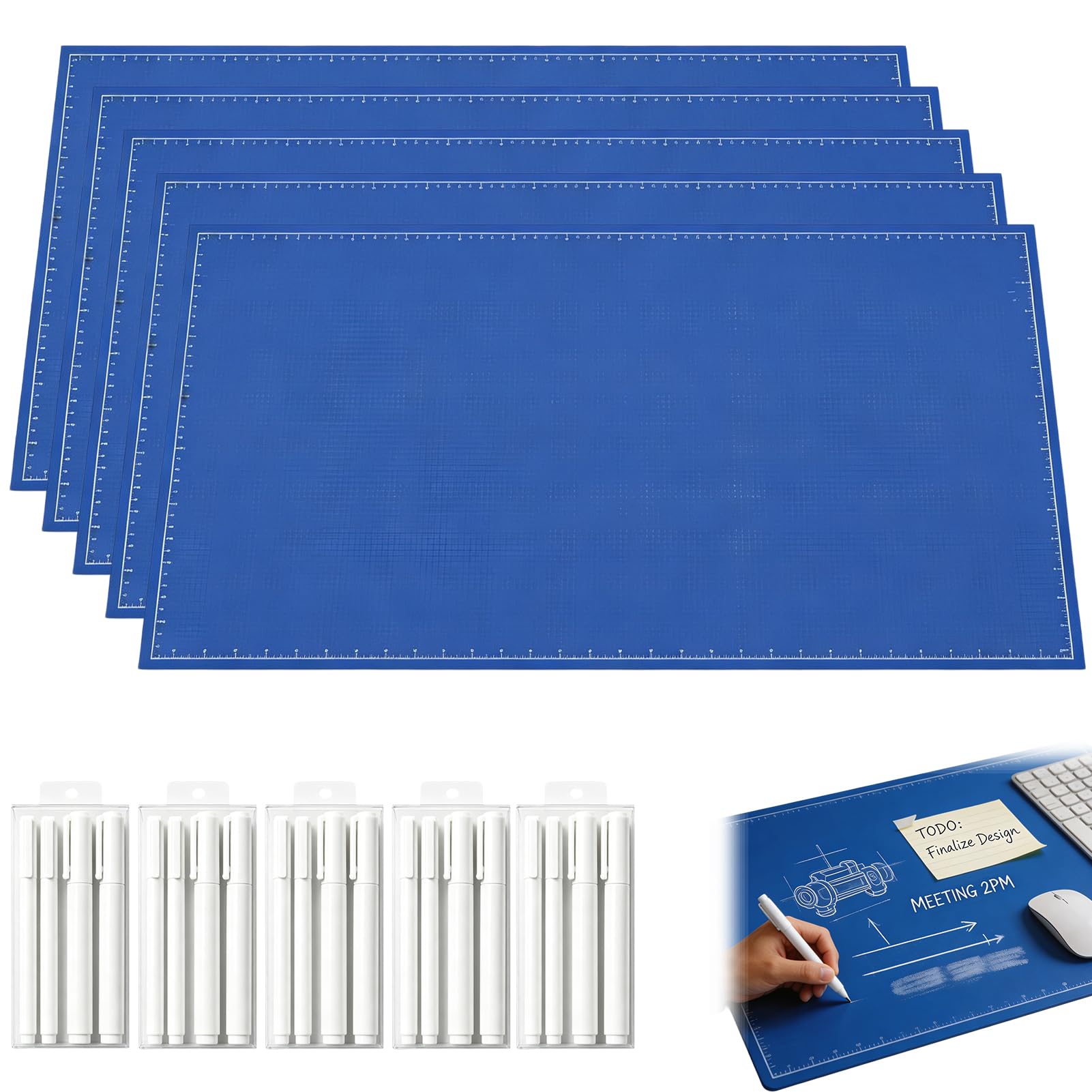 2027 Upgrade Blueprint Desk Mat - Blueprint Deskmat Includes Marker, 28" × 12" Large Writable Desk Pad, A Double-Sided Deskmats to Draw, Erase & Redraw As Needed (5*Set)
