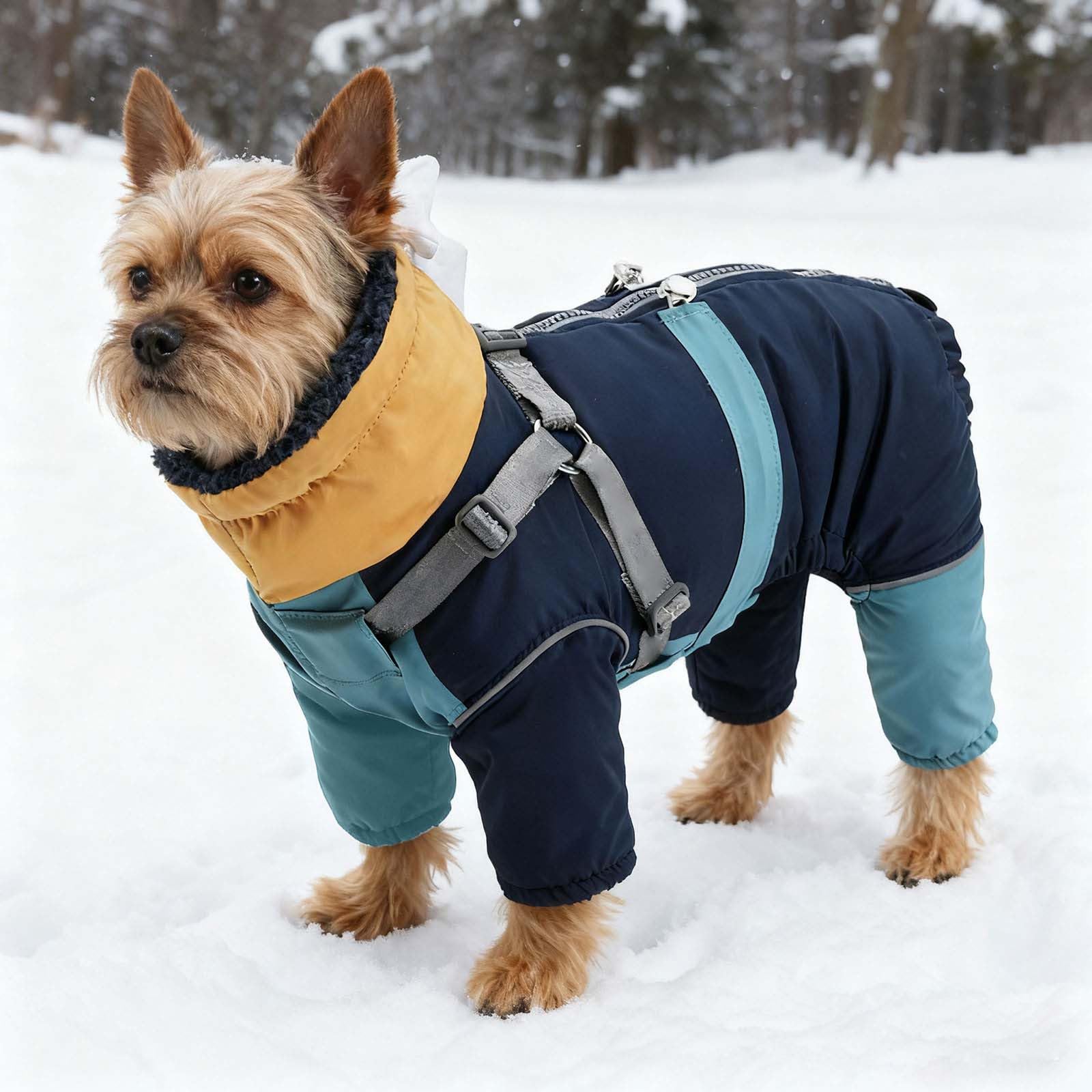Hunde Wintermantel Winter-Schneeanzug mit Geschirr, Warmer, mit Fleece gefütterter Overall,Vierbeinmantel für kleine, mittelgroße und große Hunde, Kleidung für kaltes Wetter verstellbarem (Blue, XL)