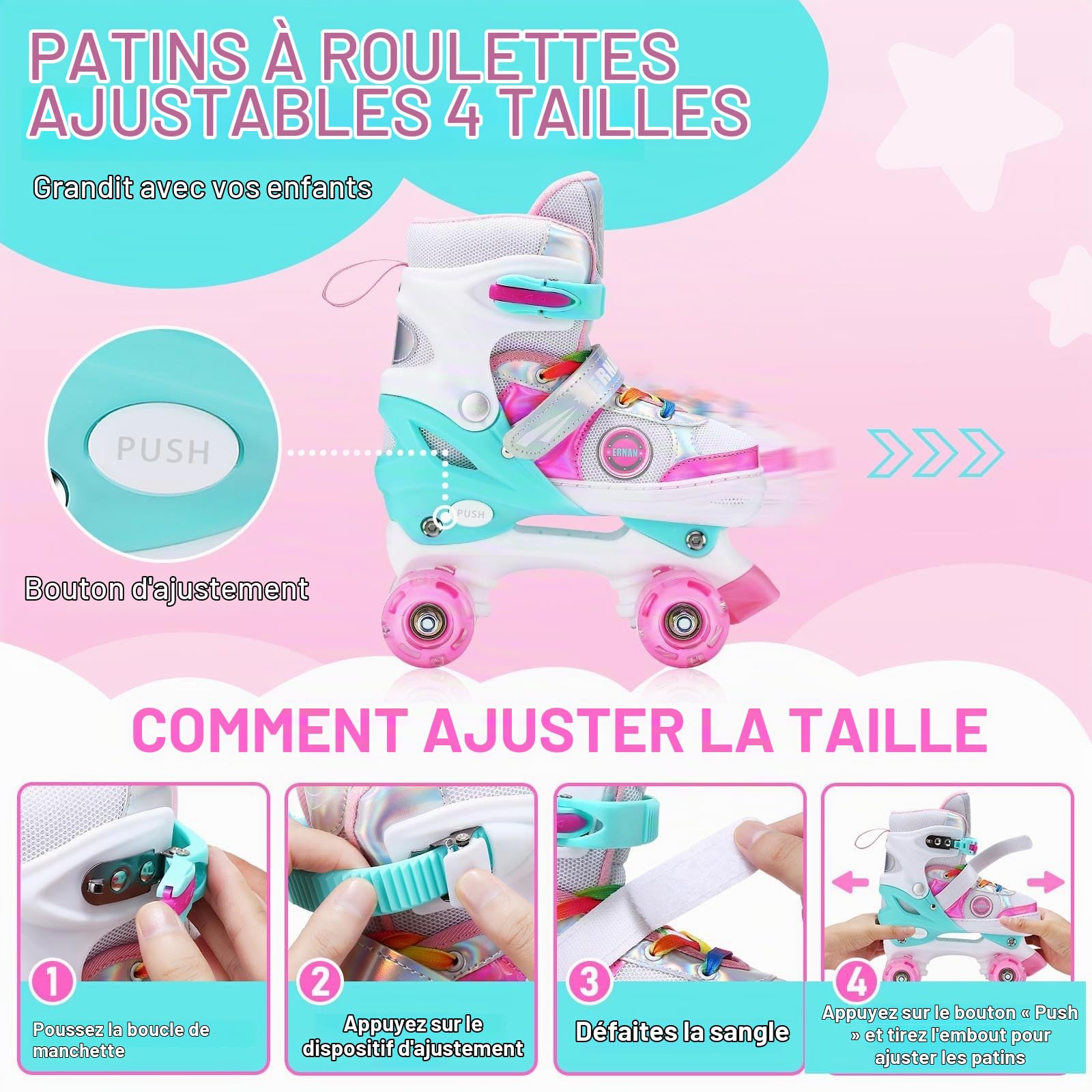 Patins à roulettes Rollers pour Enfants, Rollers Quad pour Filles Garçon Taille réglable, 8 Patins à roulettes Light up Wheels pour Filles et garçons Tout