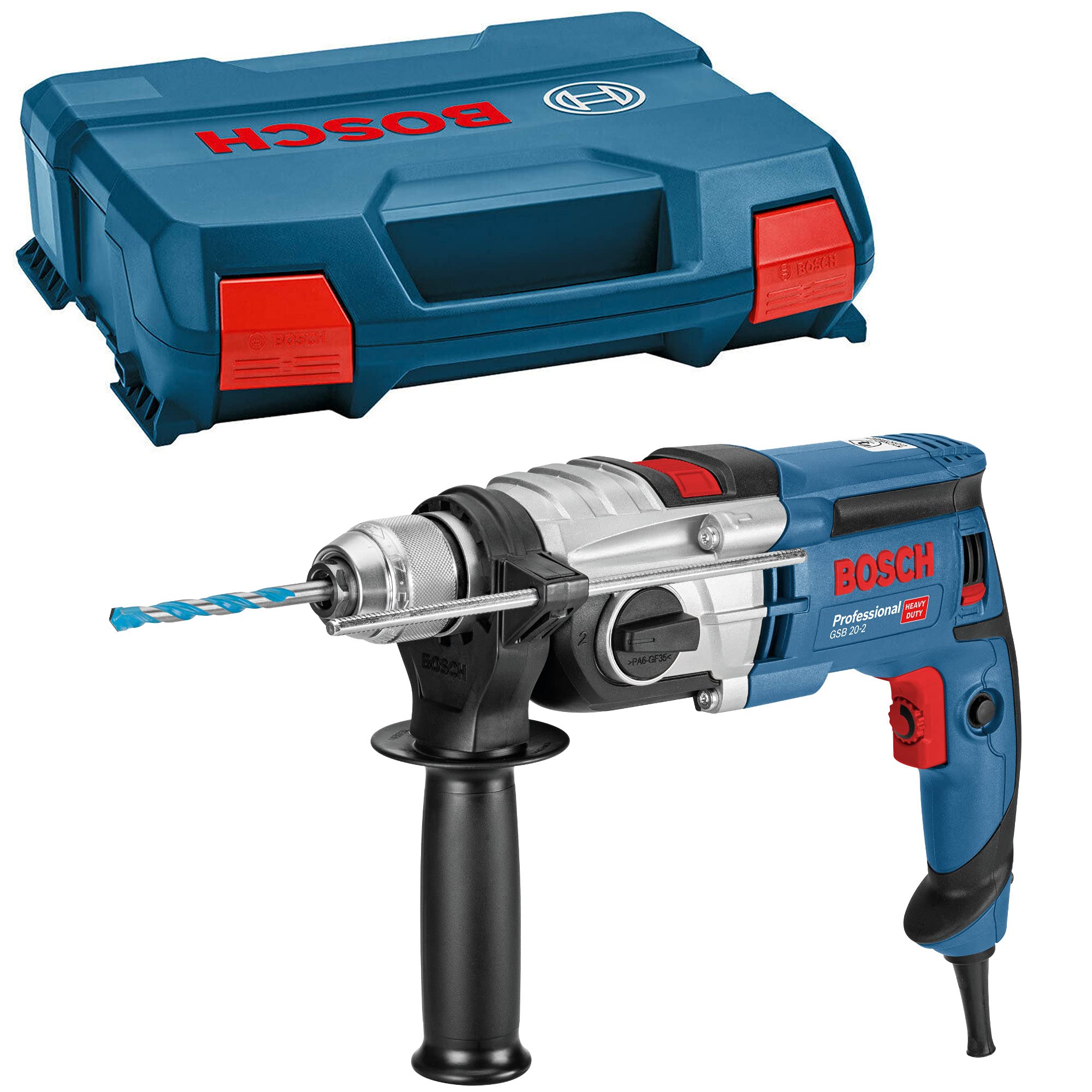 Bosch Professional GSB 20-2 - Taladro percutor (850 W, 2 velocidades, 3000 rpm, Ø max perforación hormigón 18 mm, set 7 brocas, en maletín)
