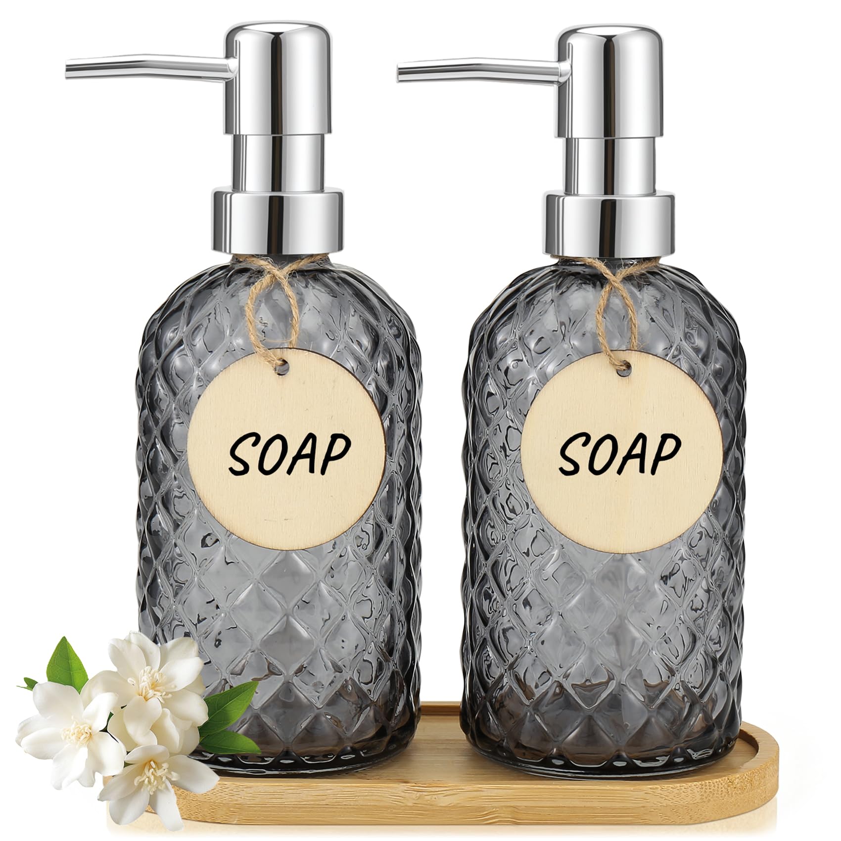 2er Glas Spülmittelspender,Vintage Seifenspender mit Tablett, Seifenspender Set Handseifenspender Duschgel für Küche Bad Shampoo Lotion